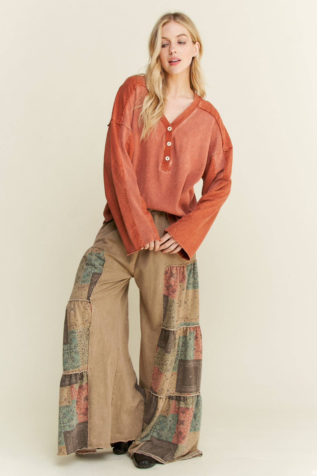 Mineral Washed Boho Patch Tiered wide pants HP6619