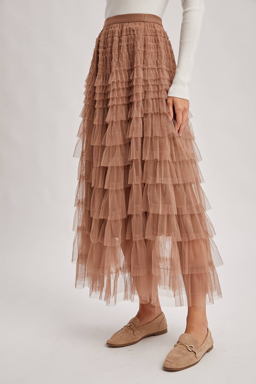 RUFFLED TULLE MIDI SKIRT