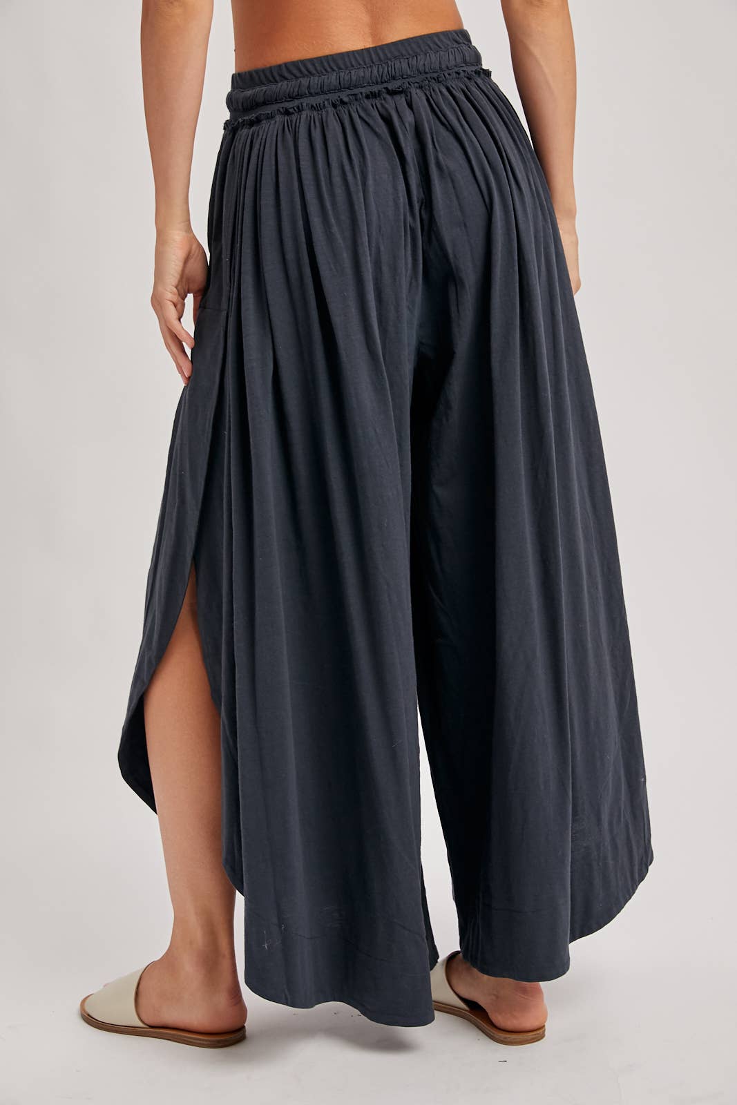BOHEMIAN SIDE SLIT ROUNDED HEM WIDE LEG PANTS