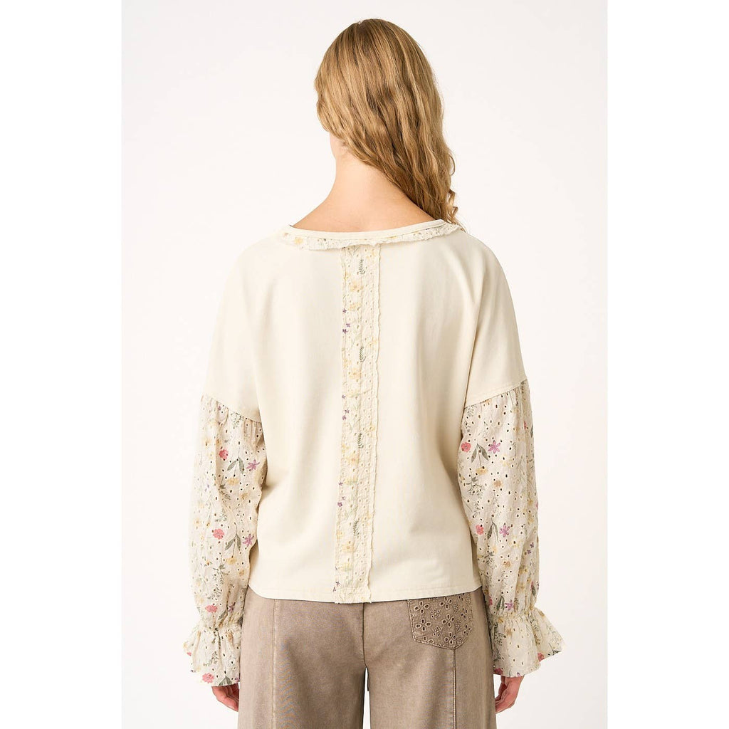 FLORAL EYELET MIXED MEDIA RELAXED LONG SLEEVE TOP