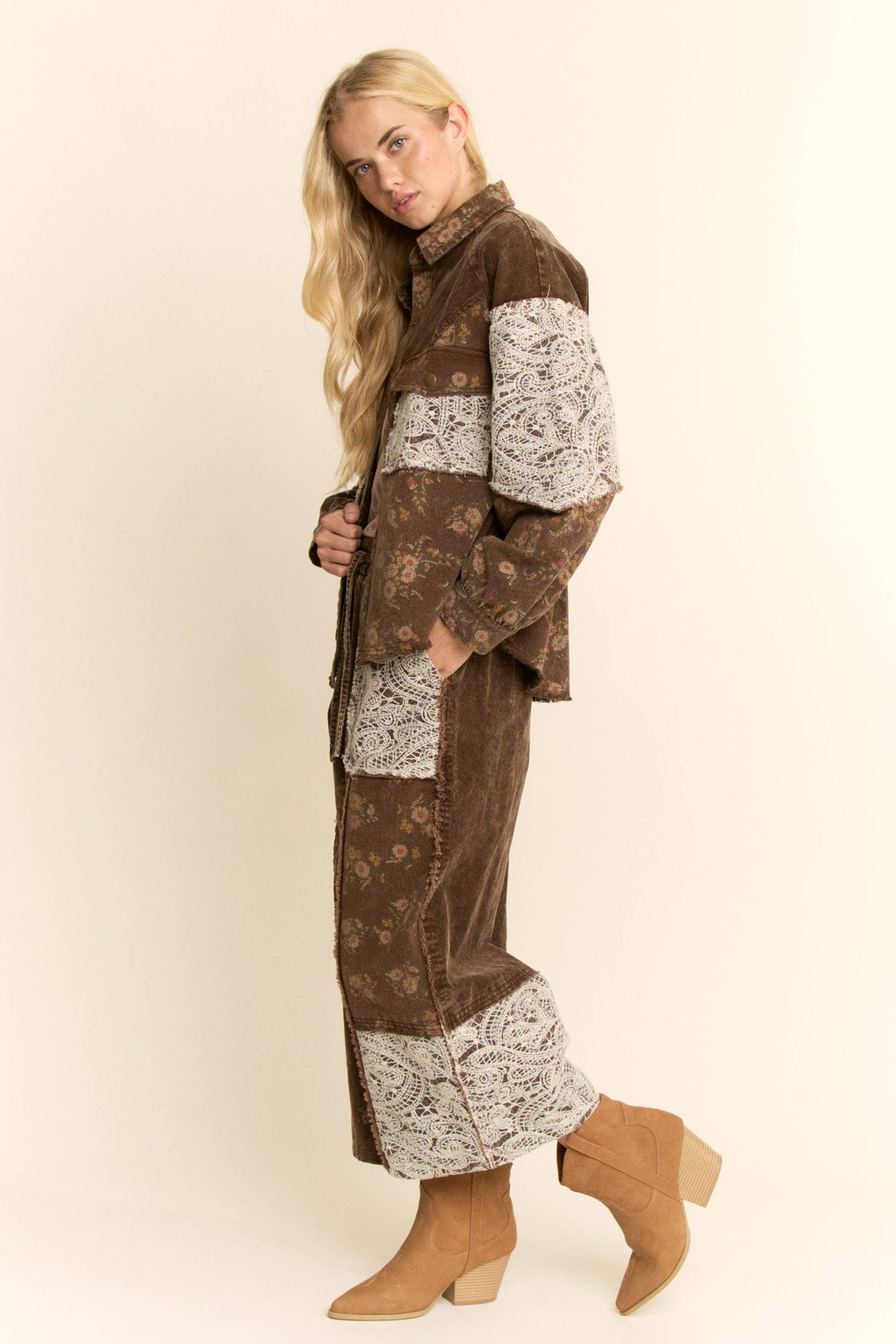 WASHED CORDUROY AND FLOWER DENIM PANTS