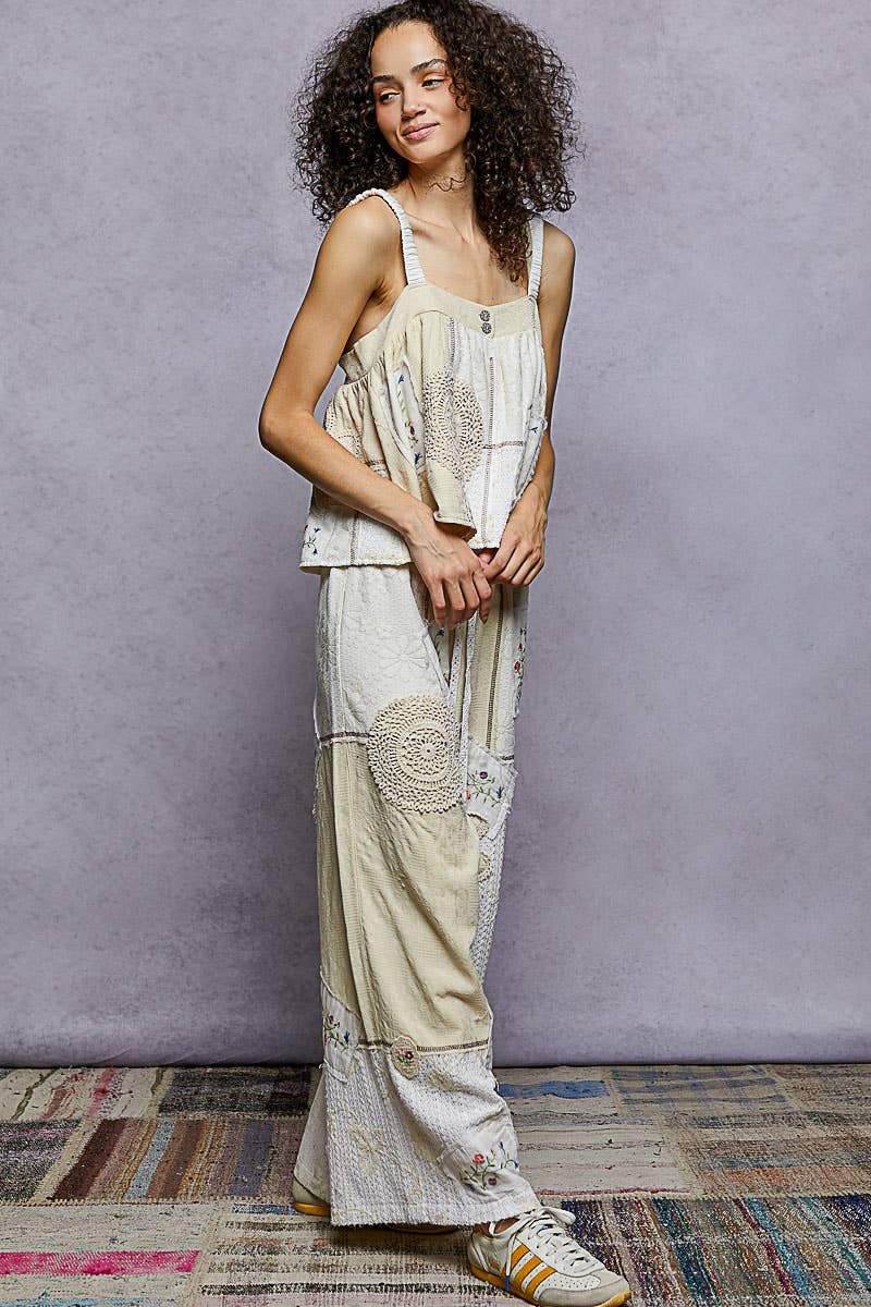 Solid Lace Patch Detail Woven Pants