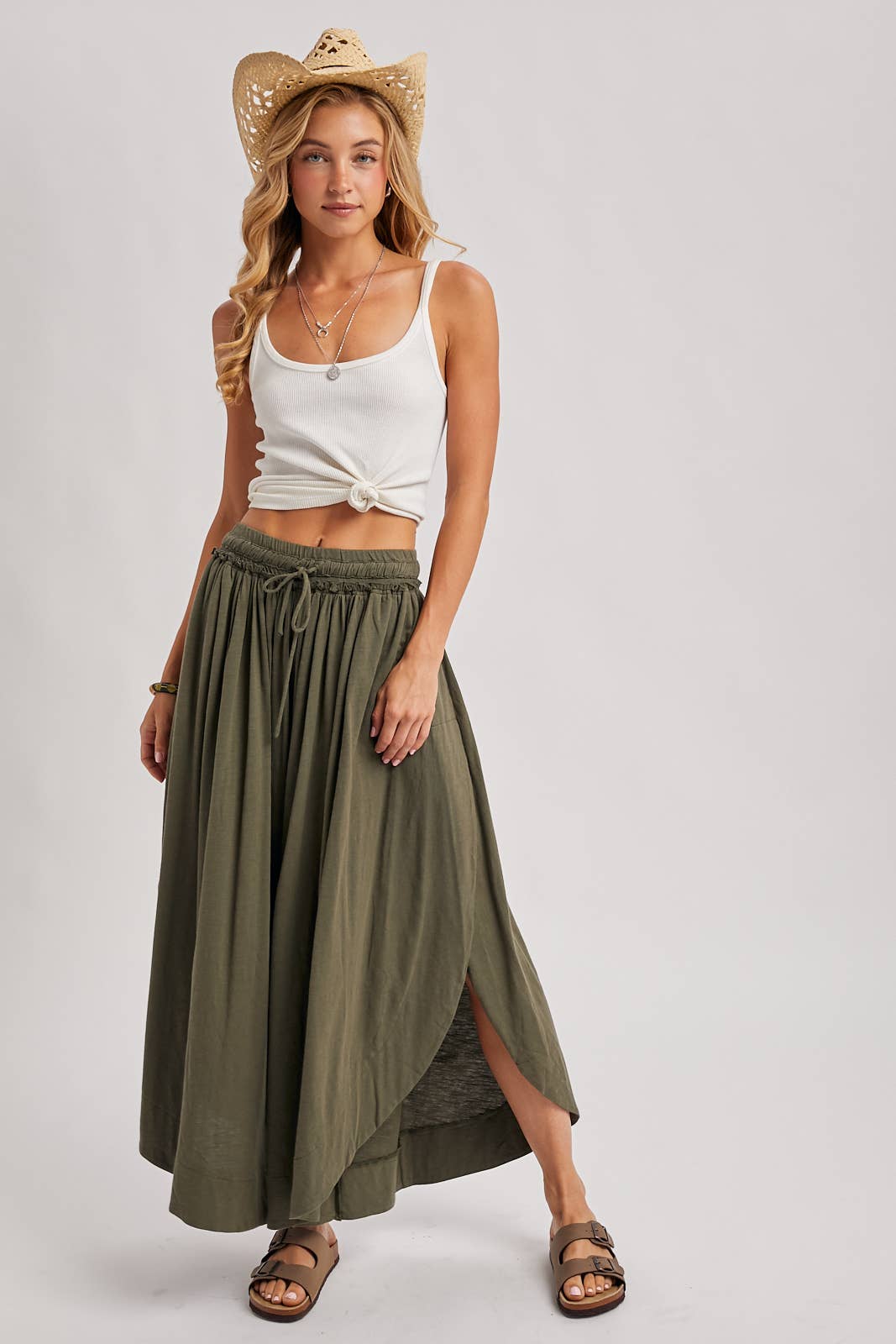 BOHEMIAN SIDE SLIT ROUNDED HEM WIDE LEG PANTS