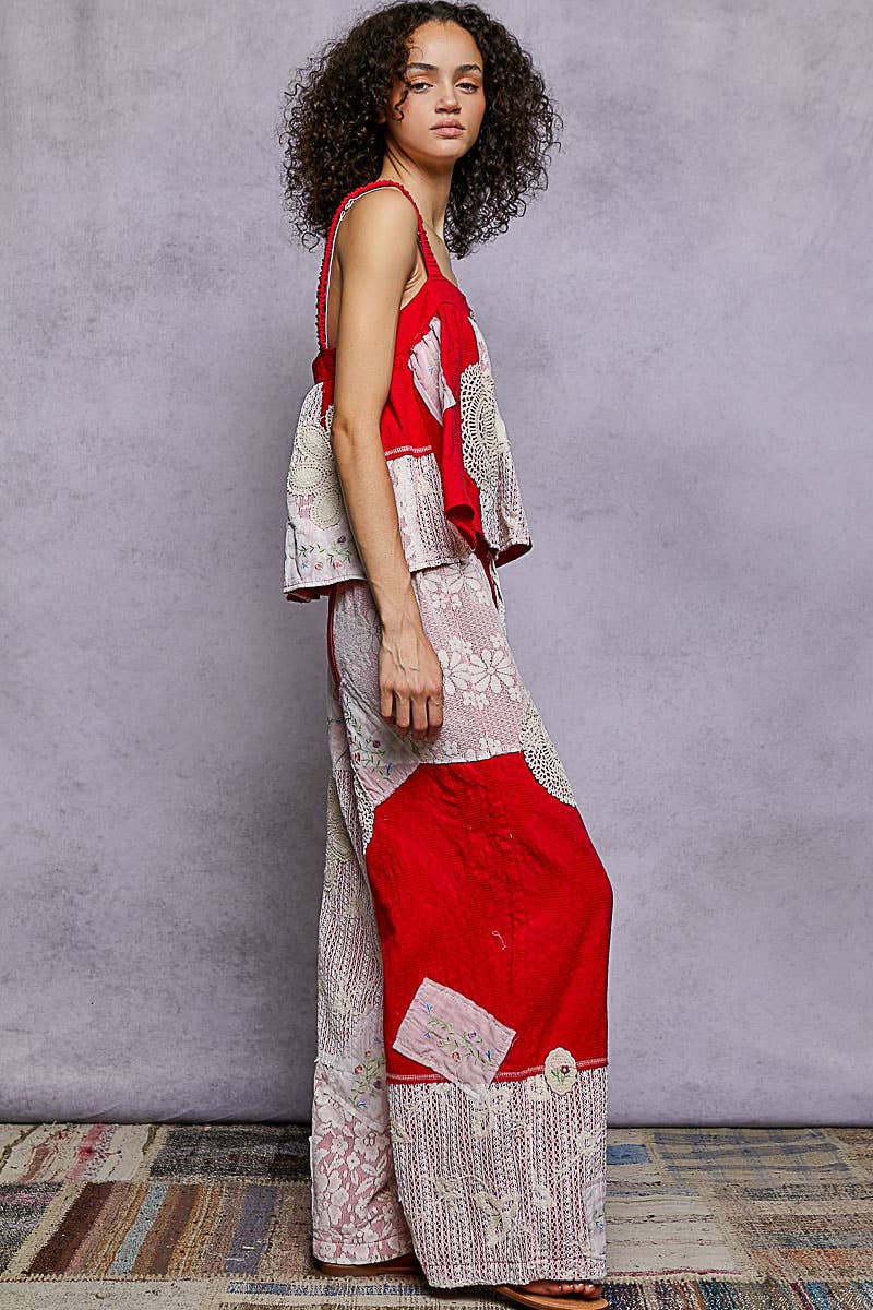 Solid Lace Patch Detail Woven Pants