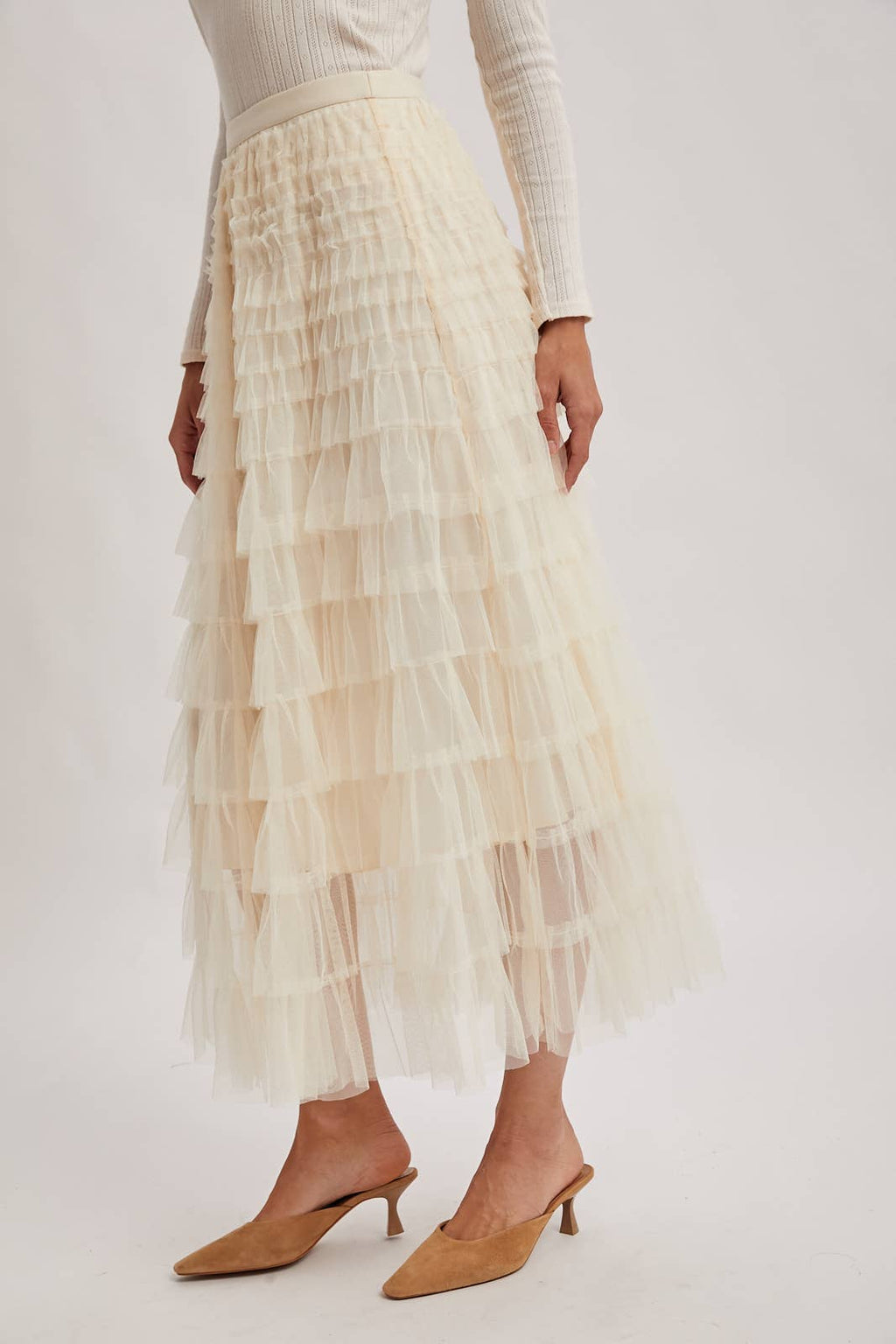 RUFFLED TULLE MIDI SKIRT
