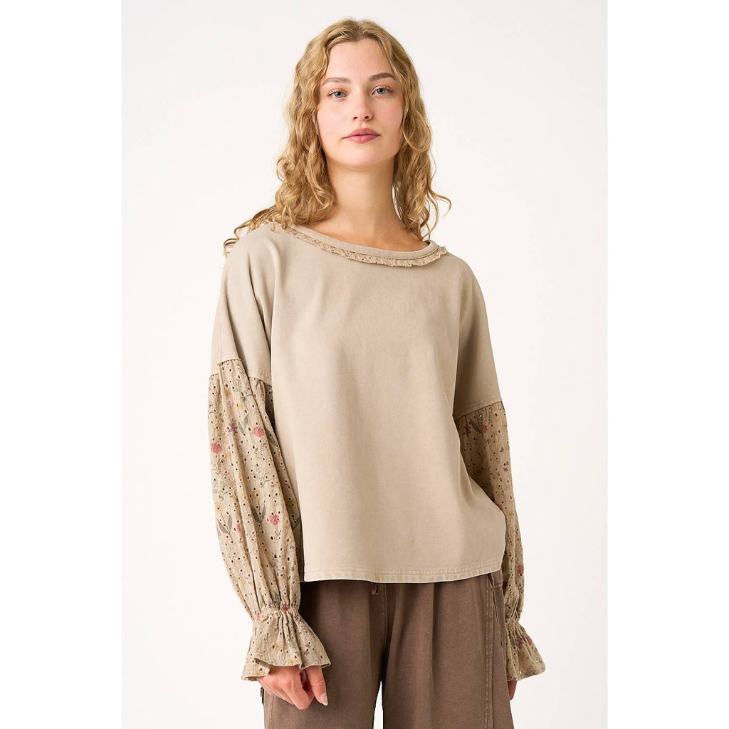 FLORAL EYELET MIXED MEDIA RELAXED LONG SLEEVE TOP