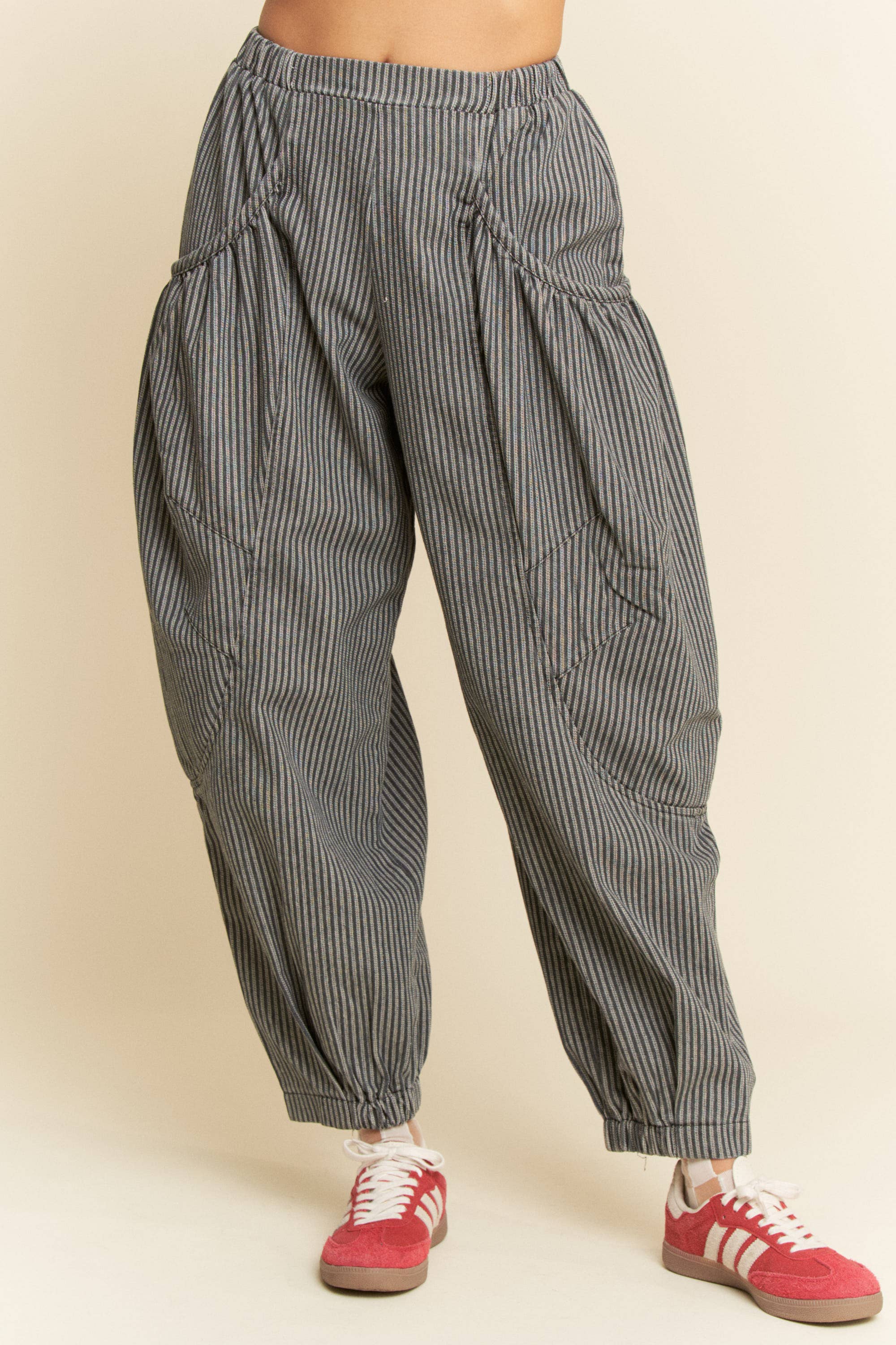 STRIPED DENIM DRAPED BARREL JOGGER PANTS