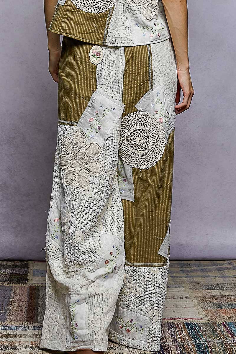Solid Lace Patch Detail Woven Pants