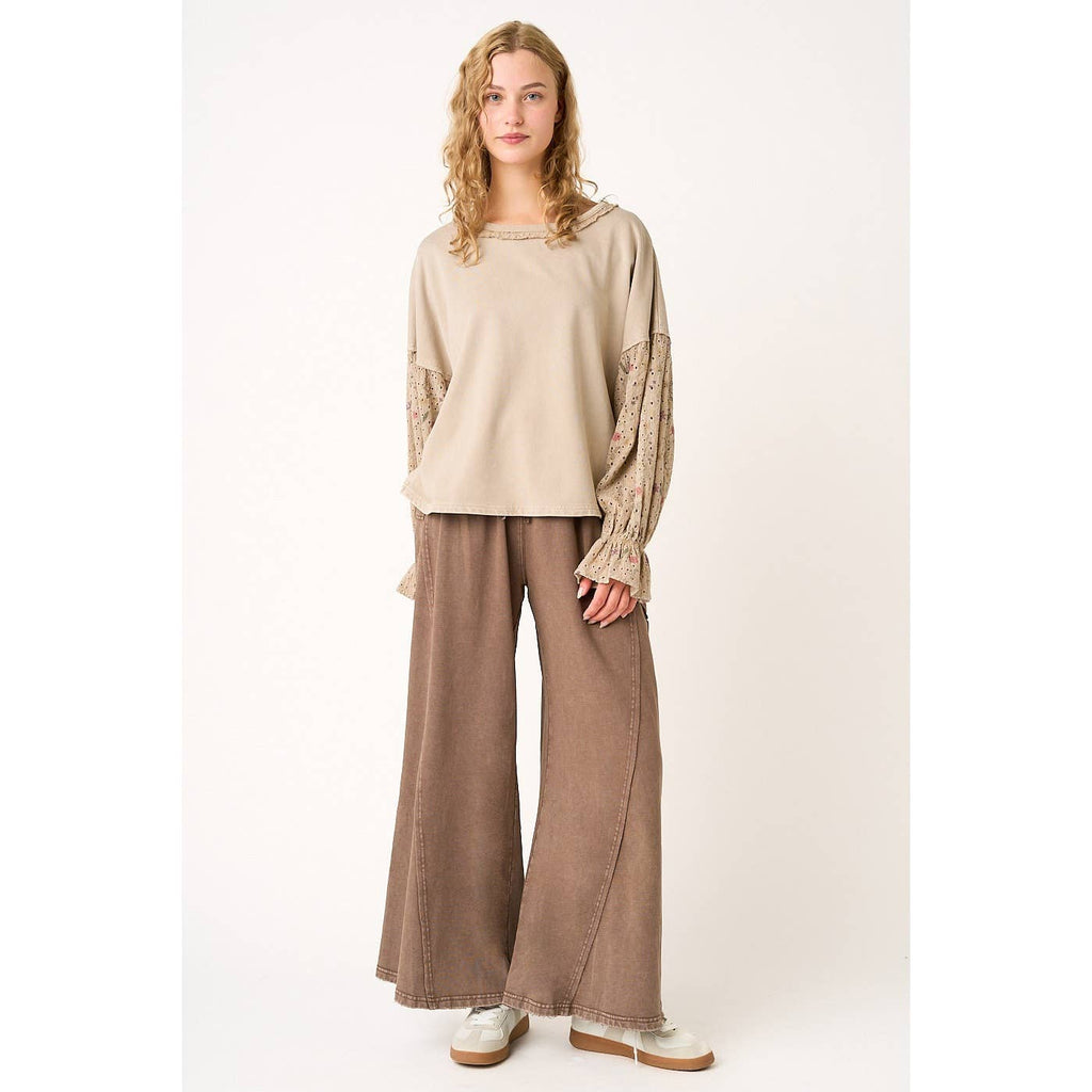 FLORAL EYELET MIXED MEDIA RELAXED LONG SLEEVE TOP