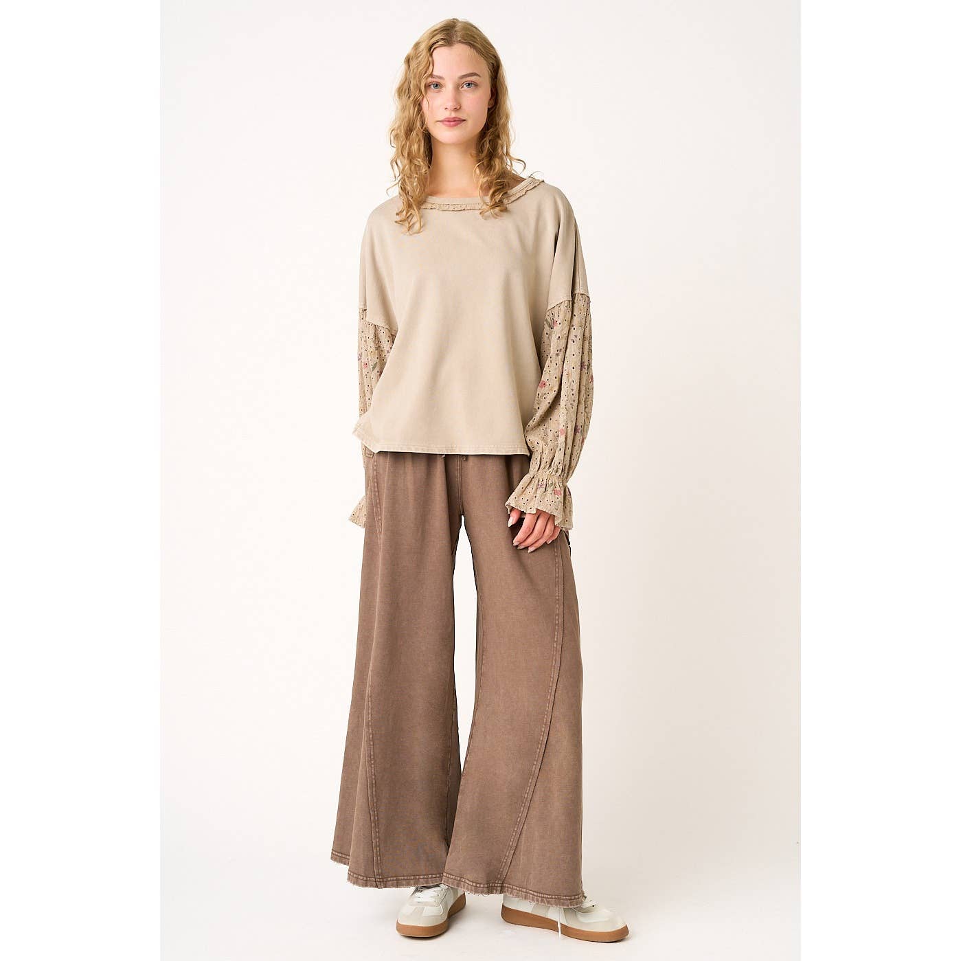 FLORAL EYELET MIXED MEDIA RELAXED LONG SLEEVE TOP