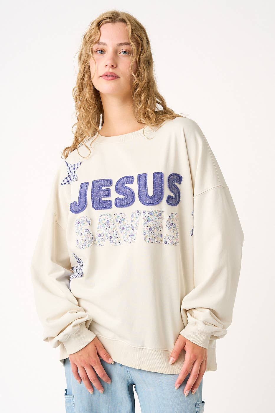 JESUS SAVES PATCHWORK CREW NECK SWEATSHIRT