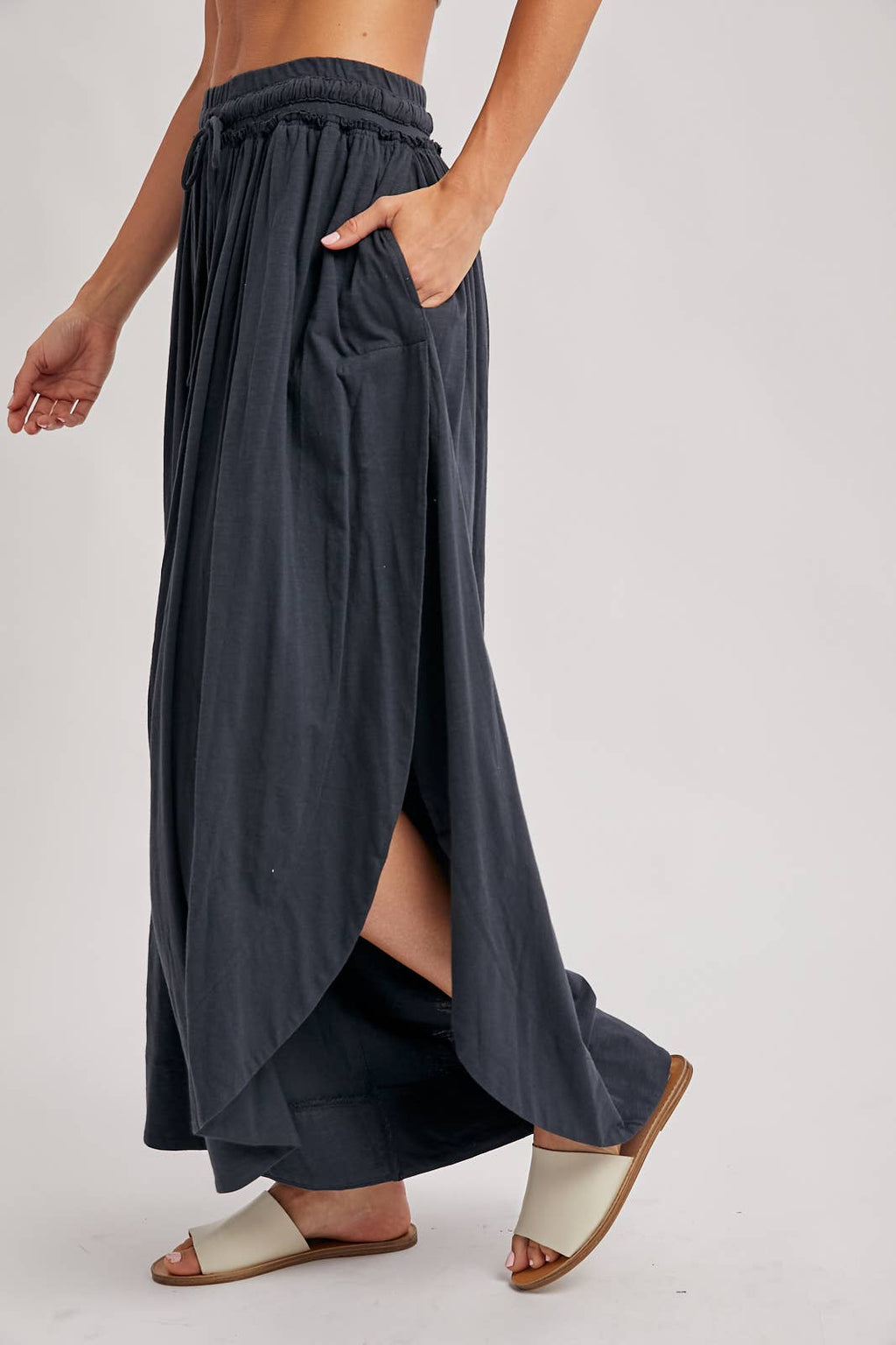 BOHEMIAN SIDE SLIT ROUNDED HEM WIDE LEG PANTS