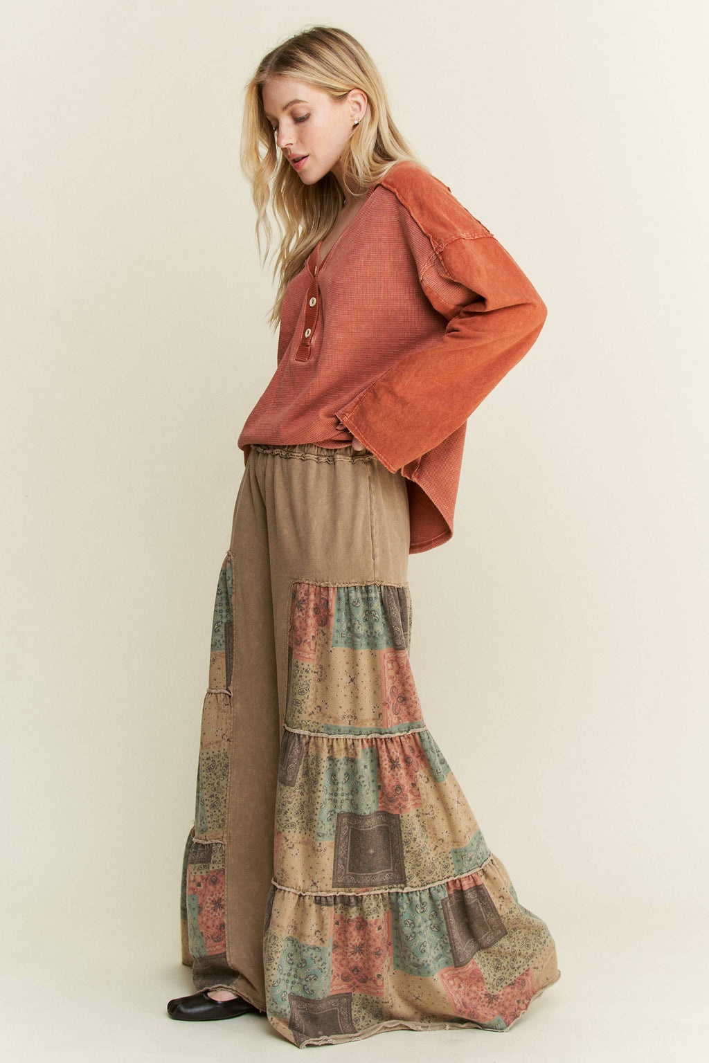 Mineral Washed Boho Patch Tiered wide pants HP6619