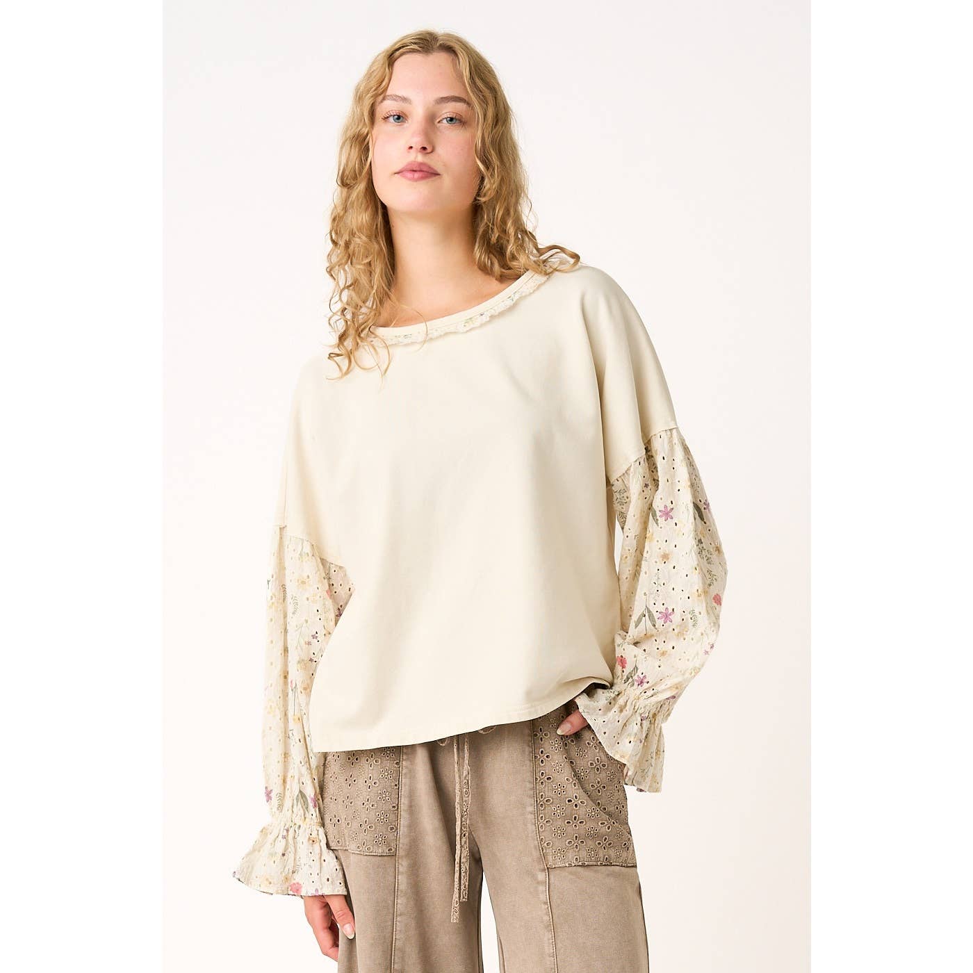 FLORAL EYELET MIXED MEDIA RELAXED LONG SLEEVE TOP