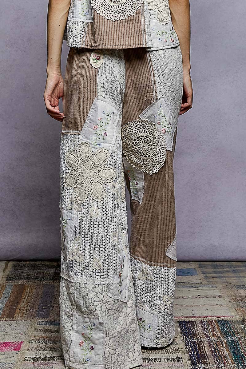 Solid Lace Patch Detail Woven Pants