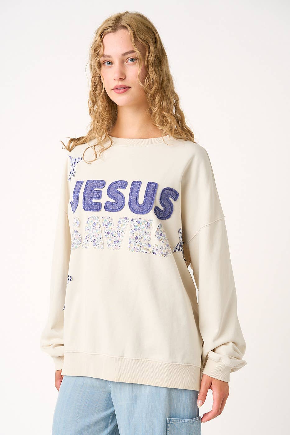 JESUS SAVES PATCHWORK CREW NECK SWEATSHIRT