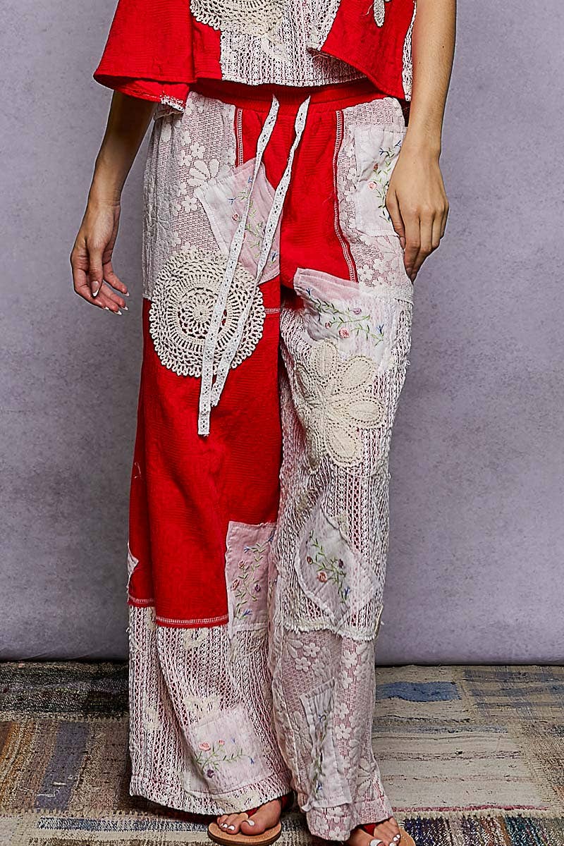 Solid Lace Patch Detail Woven Pants