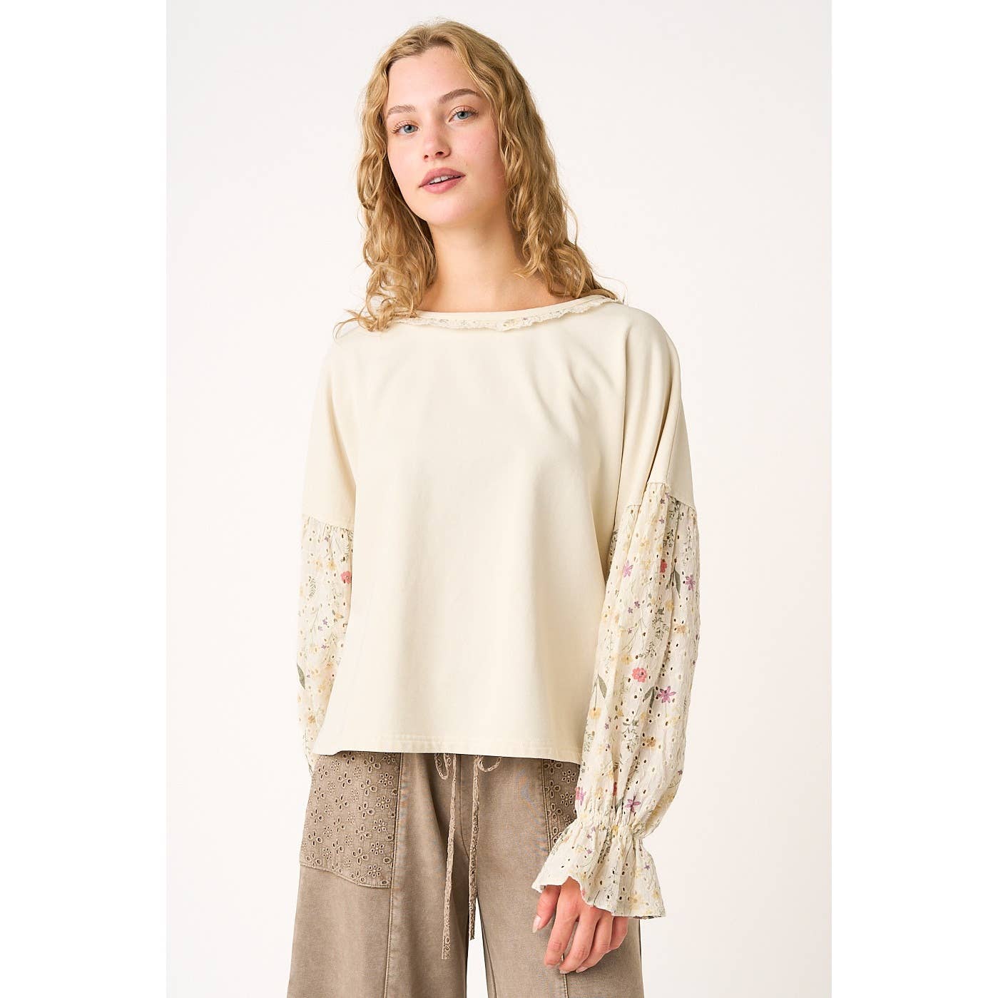 FLORAL EYELET MIXED MEDIA RELAXED LONG SLEEVE TOP