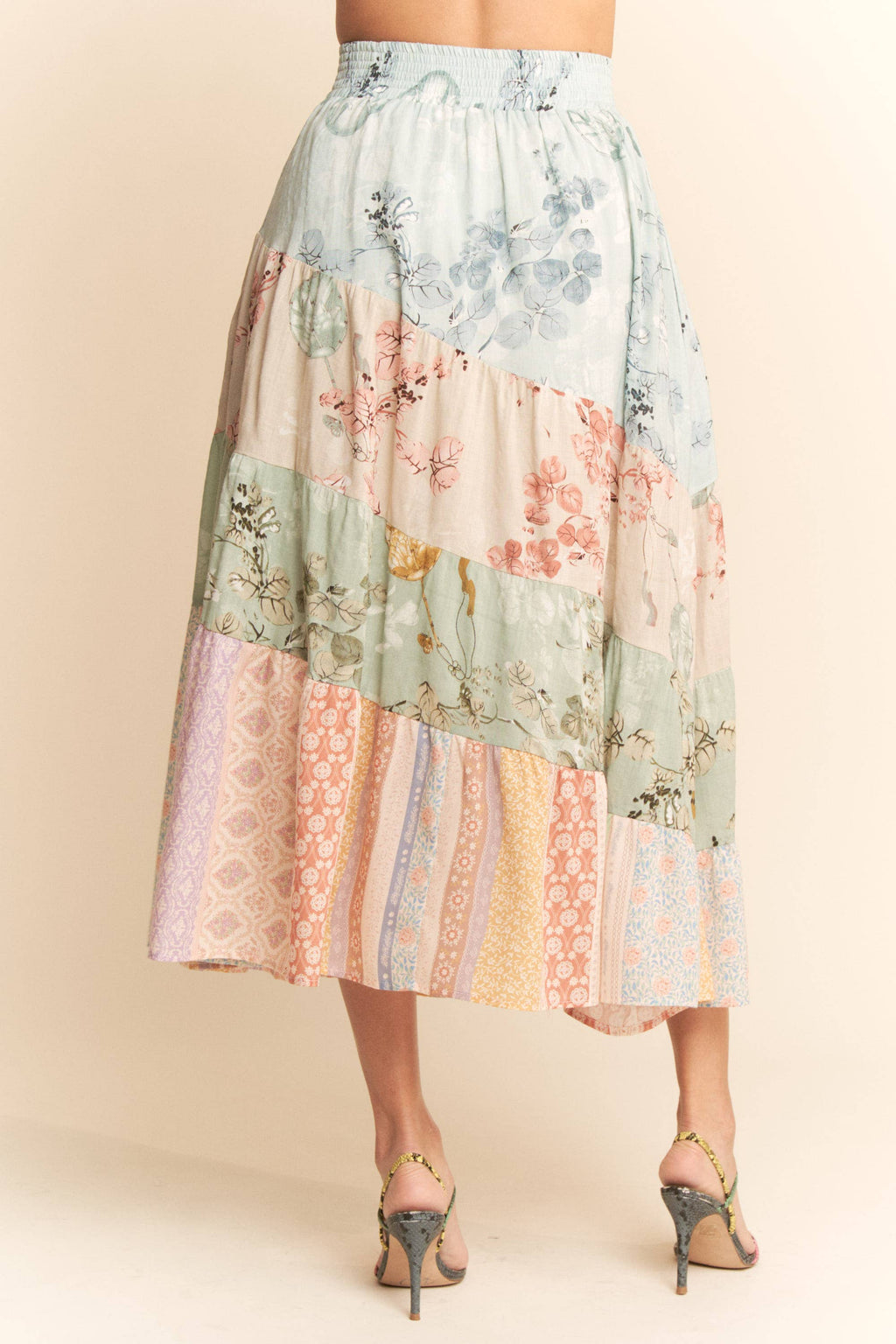 ETHNIC FLORAL MIX WAISTBAND TIERED MAXI SKIRT