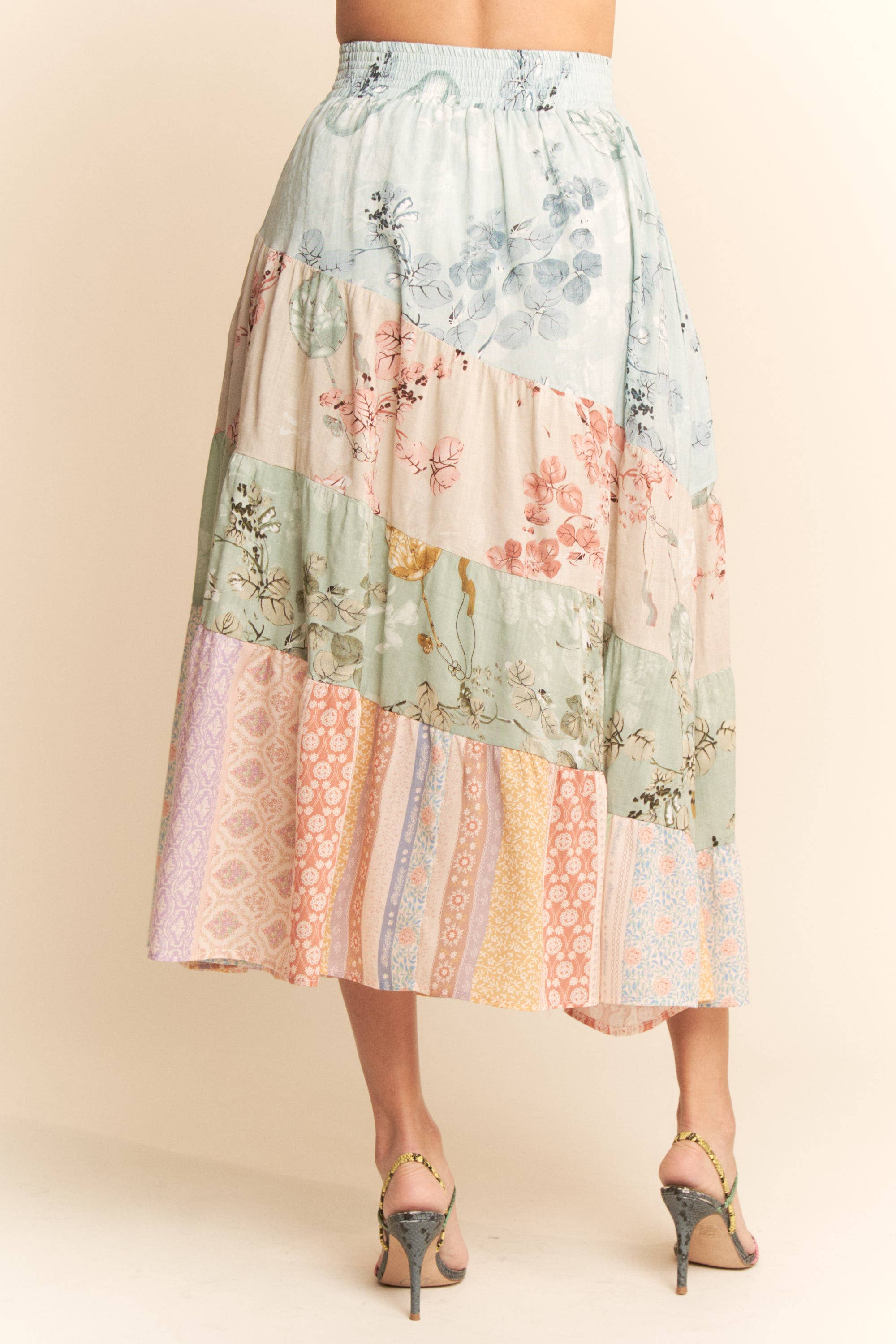 ETHNIC FLORAL MIX WAISTBAND TIERED MAXI SKIRT