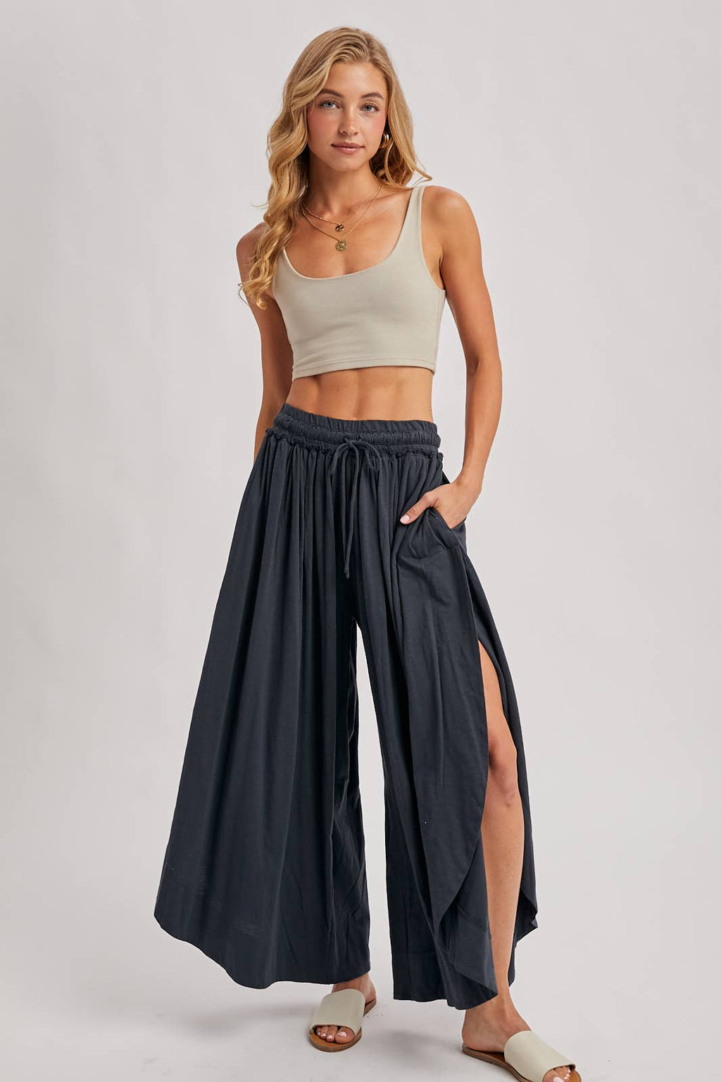BOHEMIAN SIDE SLIT ROUNDED HEM WIDE LEG PANTS