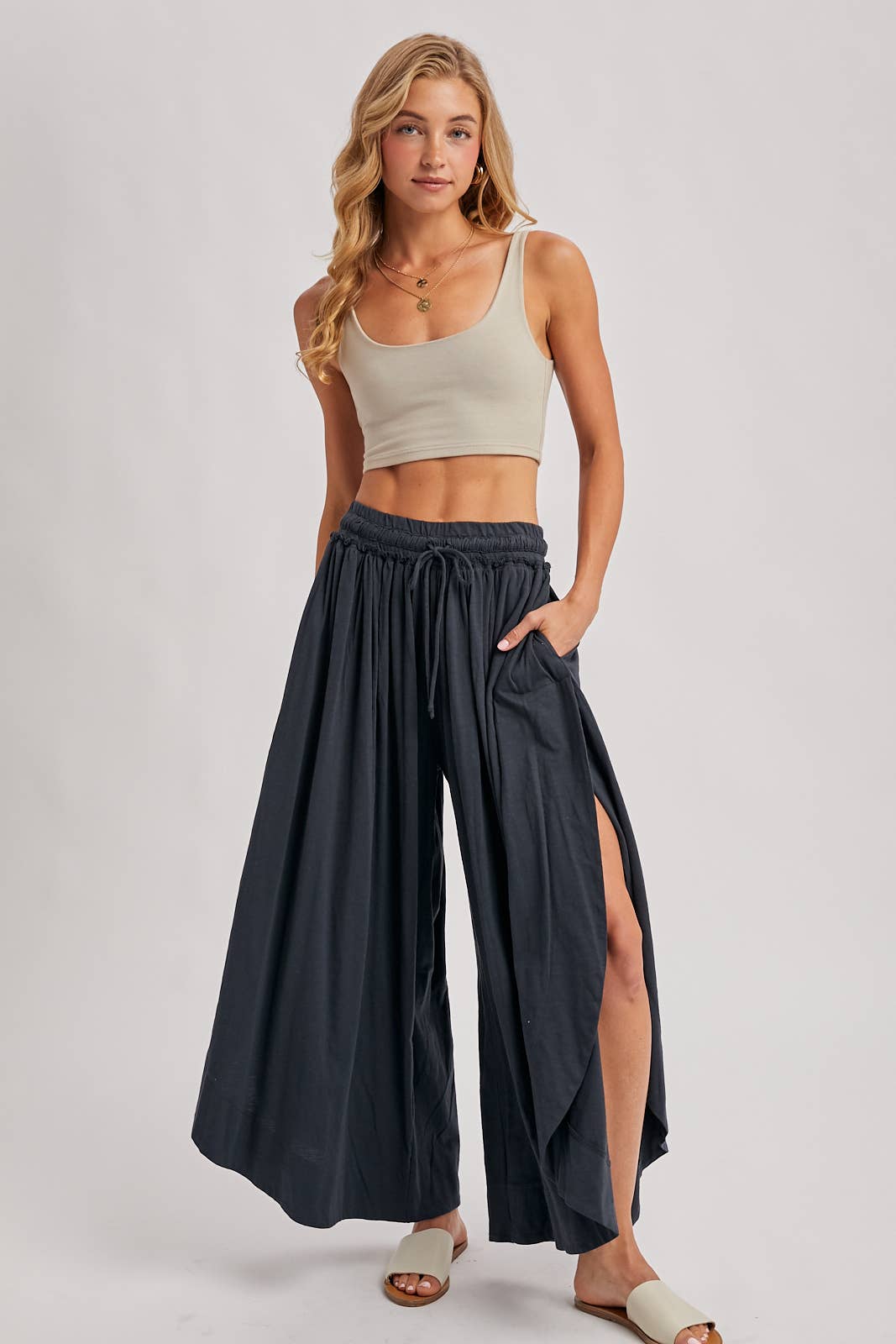BOHEMIAN SIDE SLIT ROUNDED HEM WIDE LEG PANTS