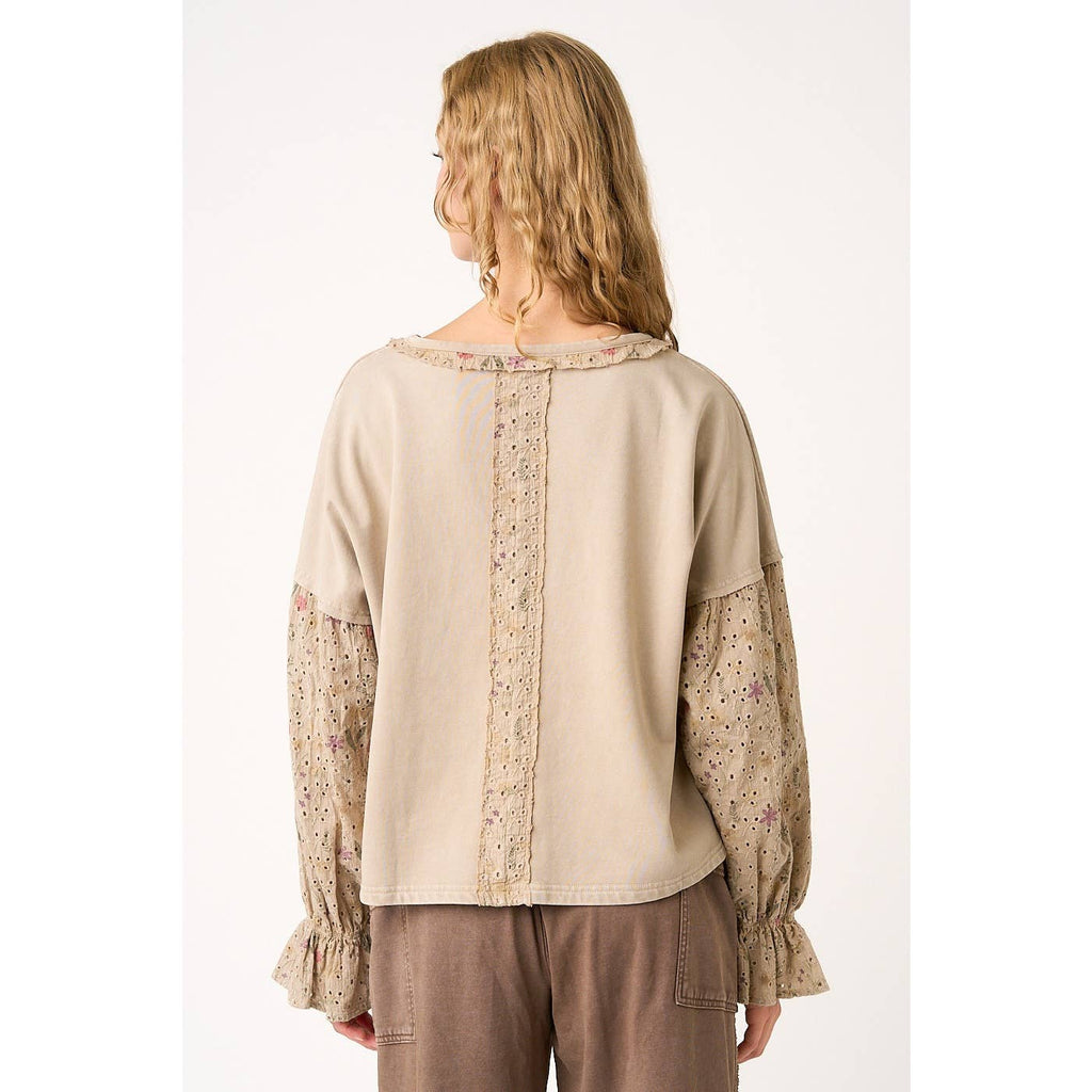 FLORAL EYELET MIXED MEDIA RELAXED LONG SLEEVE TOP