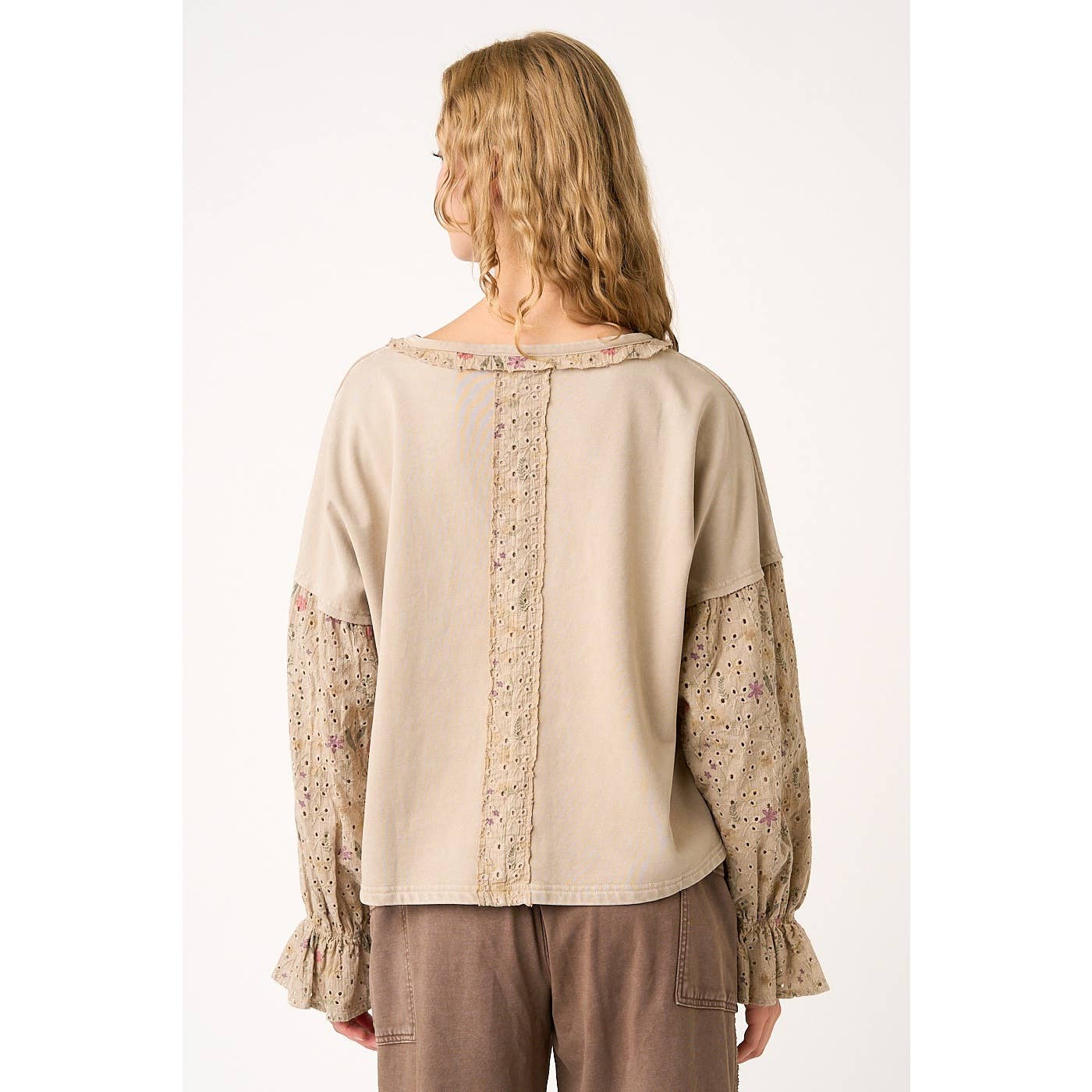 FLORAL EYELET MIXED MEDIA RELAXED LONG SLEEVE TOP