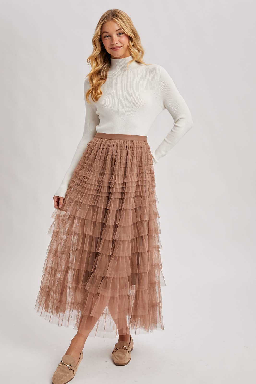 RUFFLED TULLE MIDI SKIRT