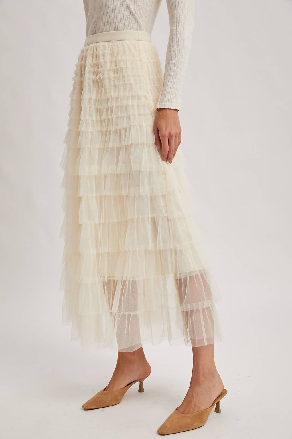 RUFFLED TULLE MIDI SKIRT