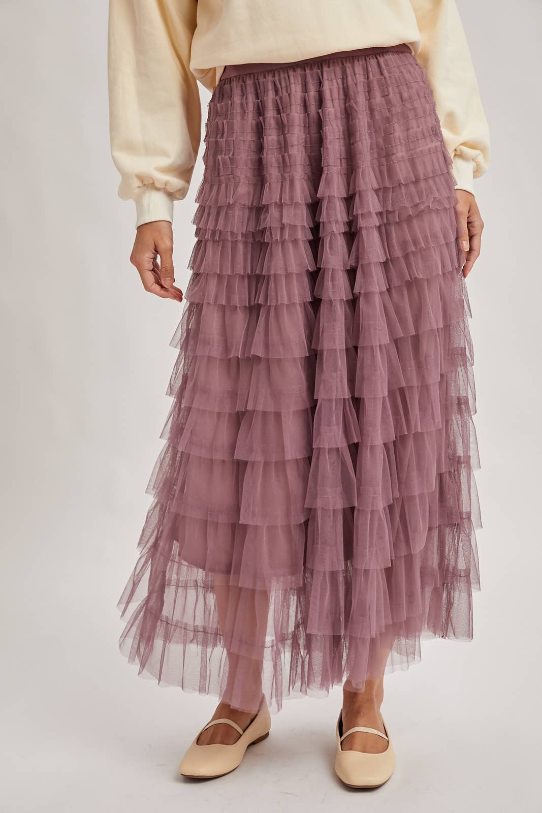 RUFFLED TULLE MIDI SKIRT