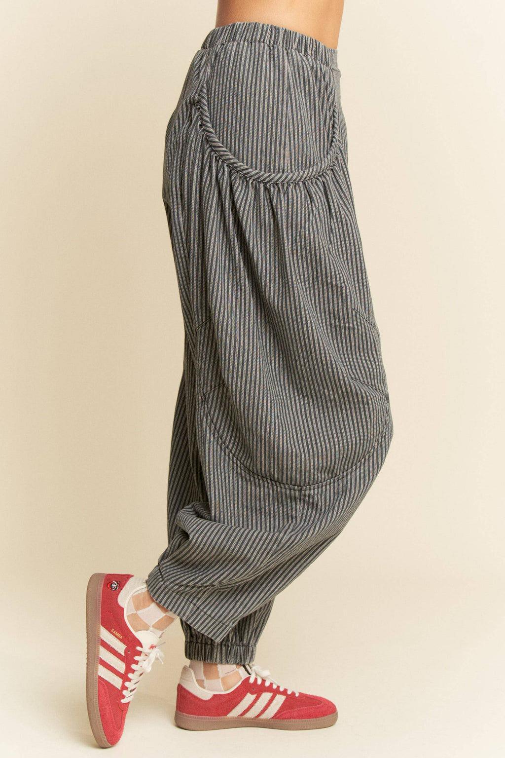 STRIPED DENIM DRAPED BARREL JOGGER PANTS