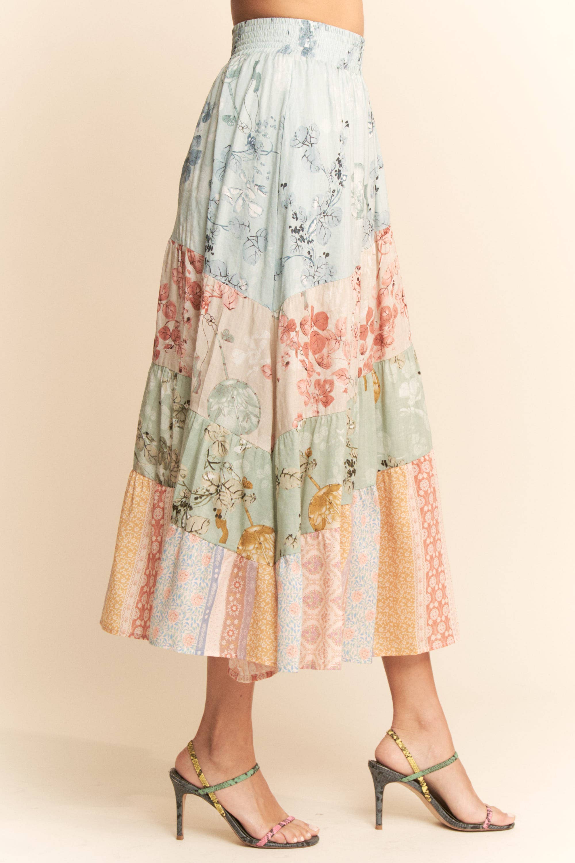 ETHNIC FLORAL MIX WAISTBAND TIERED MAXI SKIRT