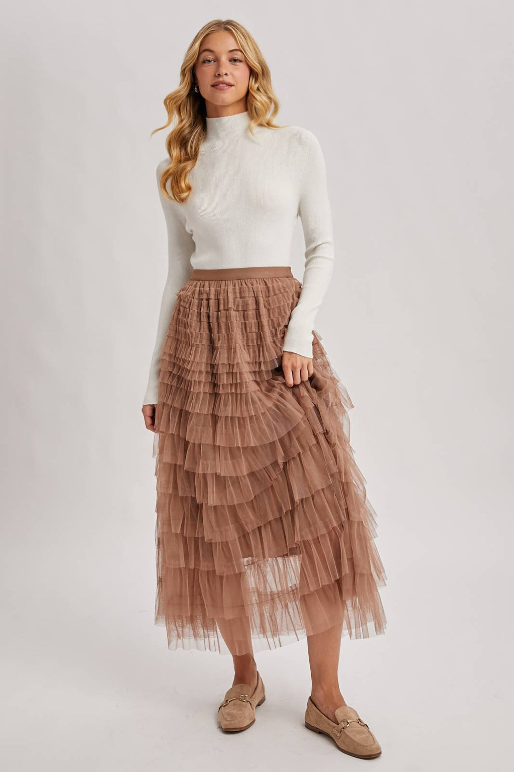 RUFFLED TULLE MIDI SKIRT