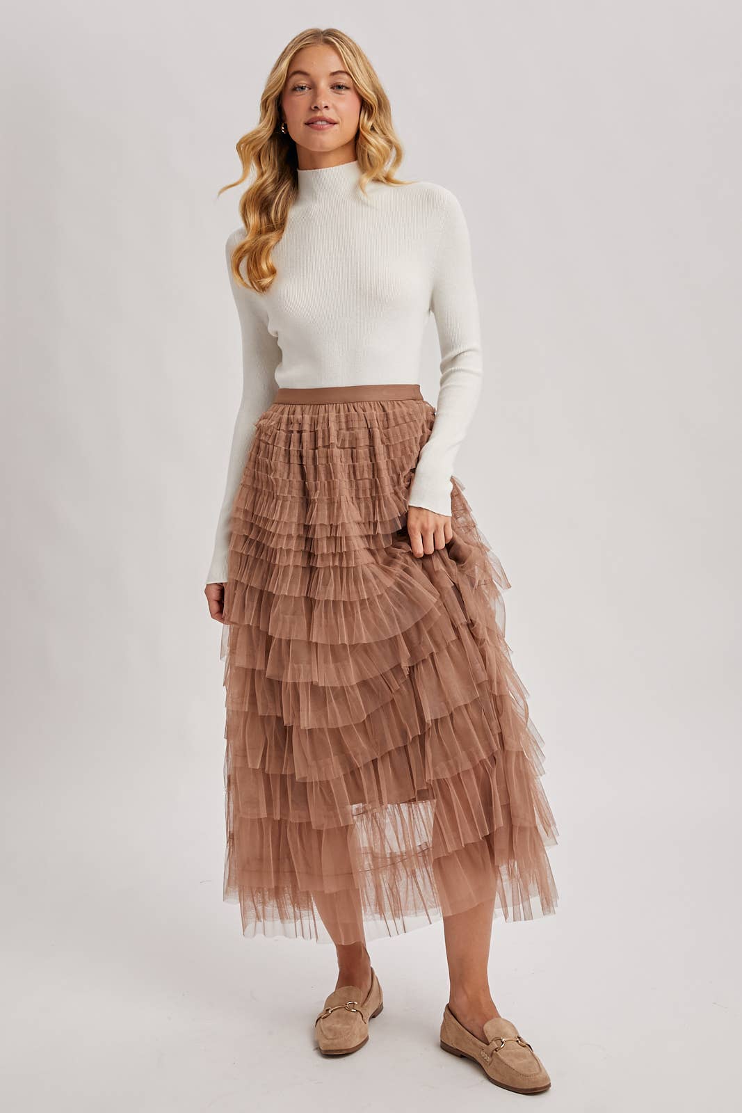 RUFFLED TULLE MIDI SKIRT