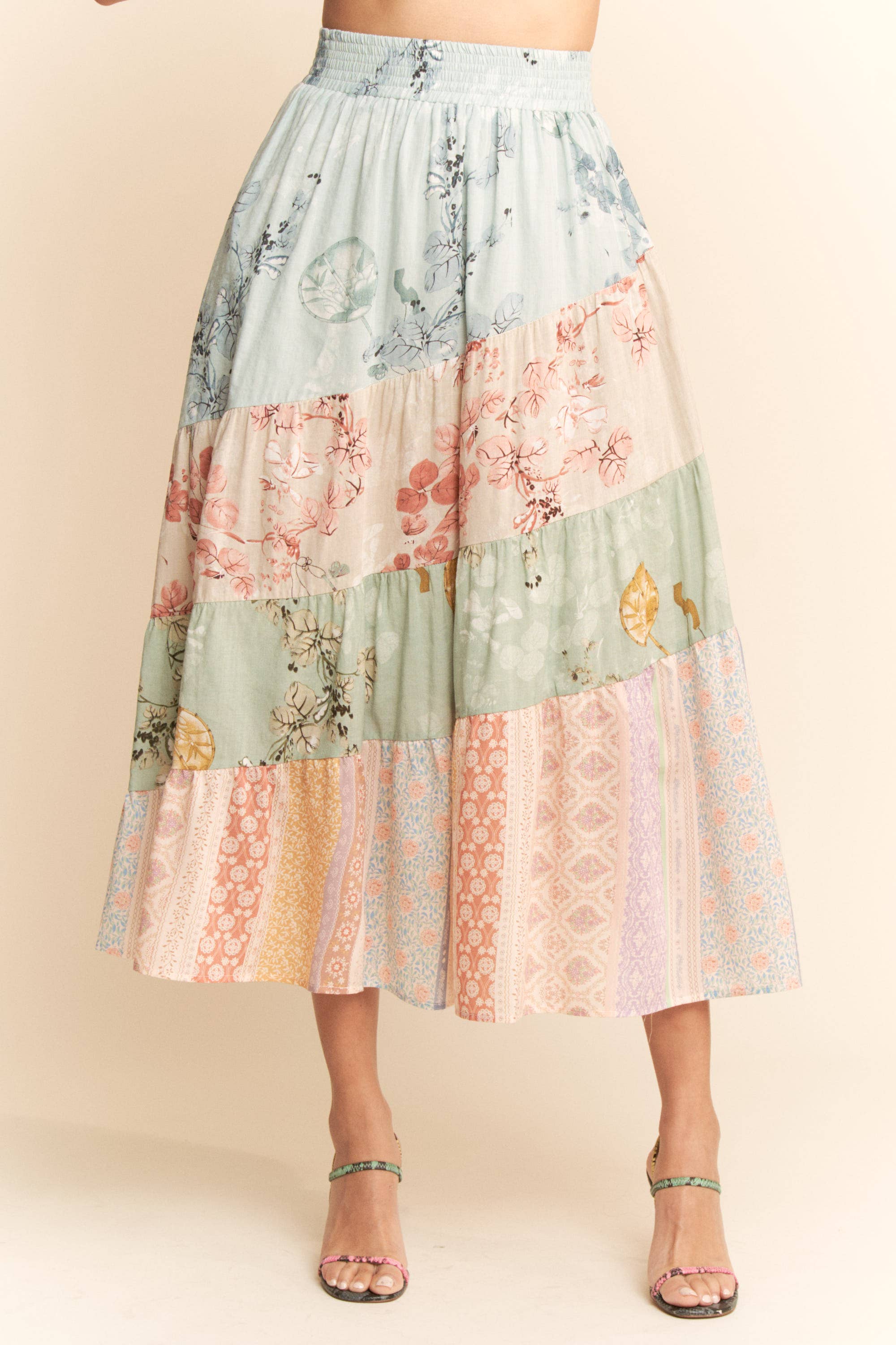 ETHNIC FLORAL MIX WAISTBAND TIERED MAXI SKIRT
