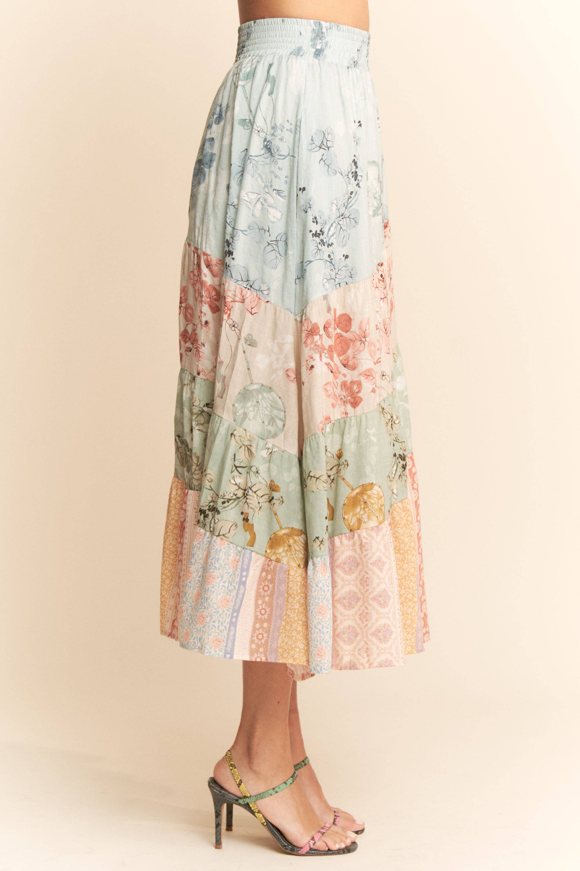 ETHNIC FLORAL MIX WAISTBAND TIERED MAXI SKIRT