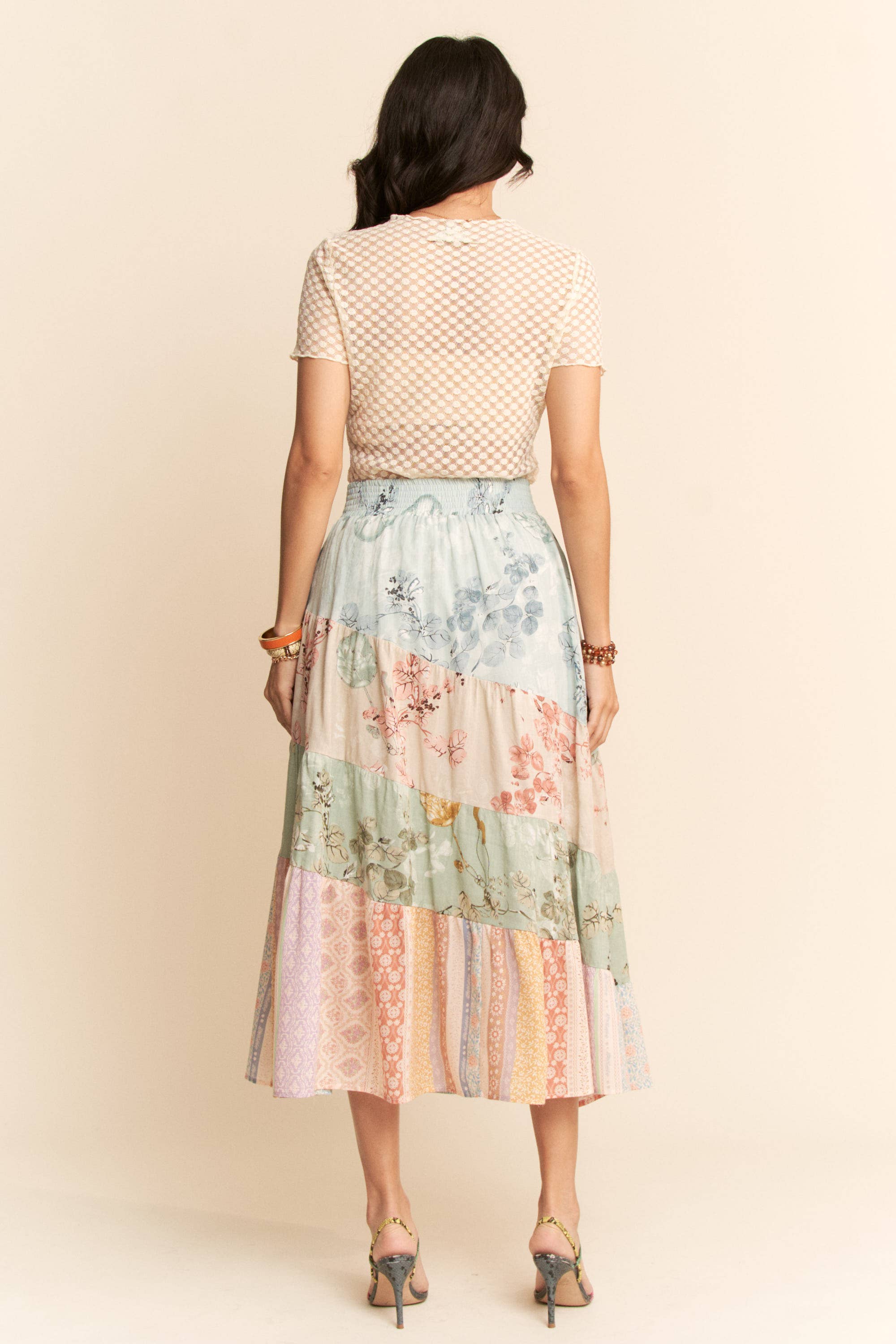 ETHNIC FLORAL MIX WAISTBAND TIERED MAXI SKIRT