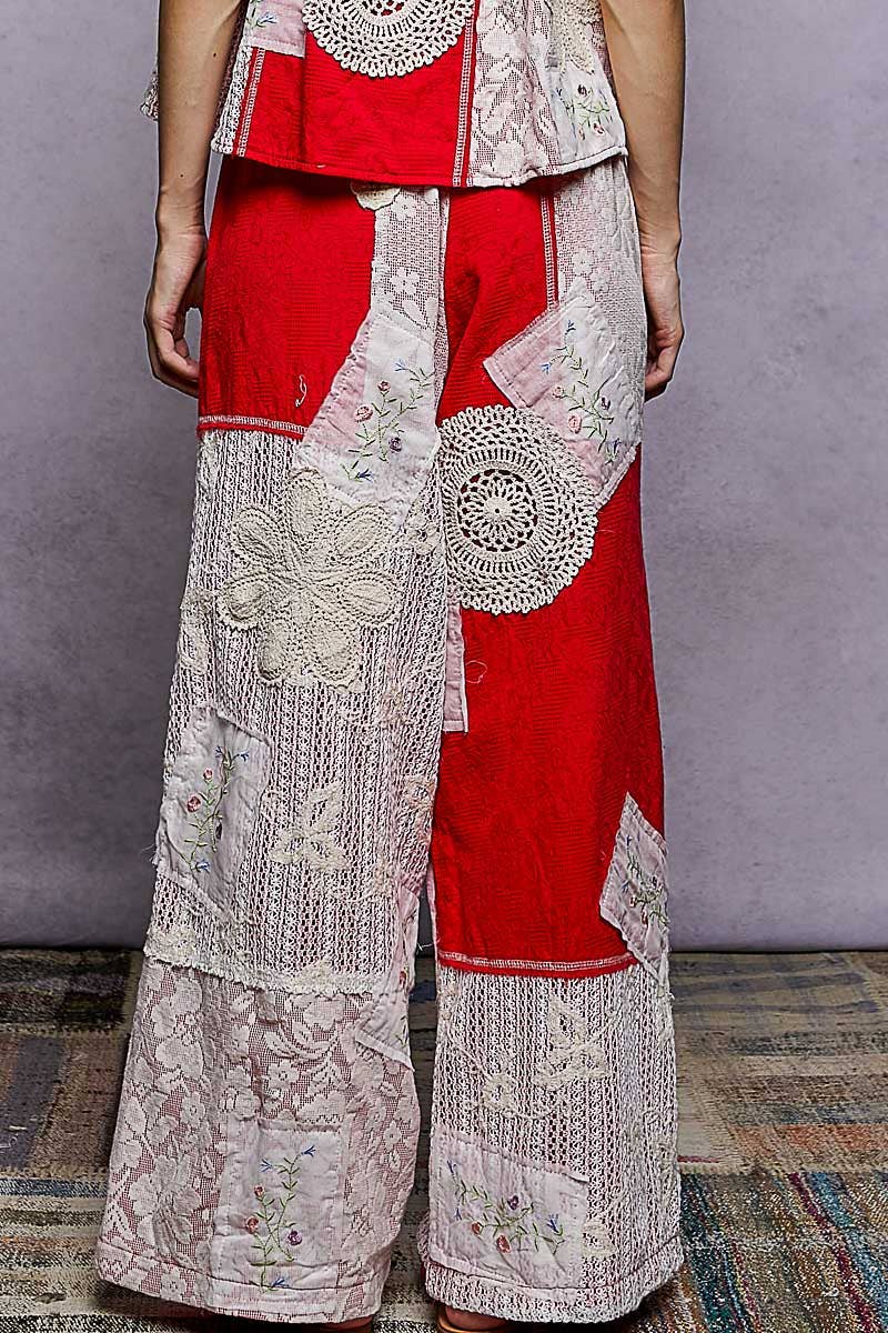 Solid Lace Patch Detail Woven Pants