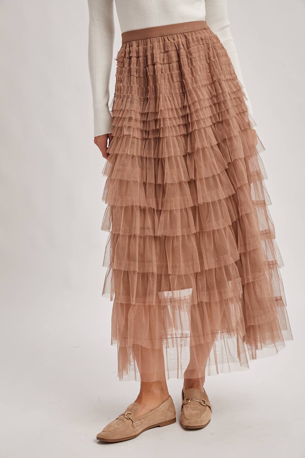RUFFLED TULLE MIDI SKIRT