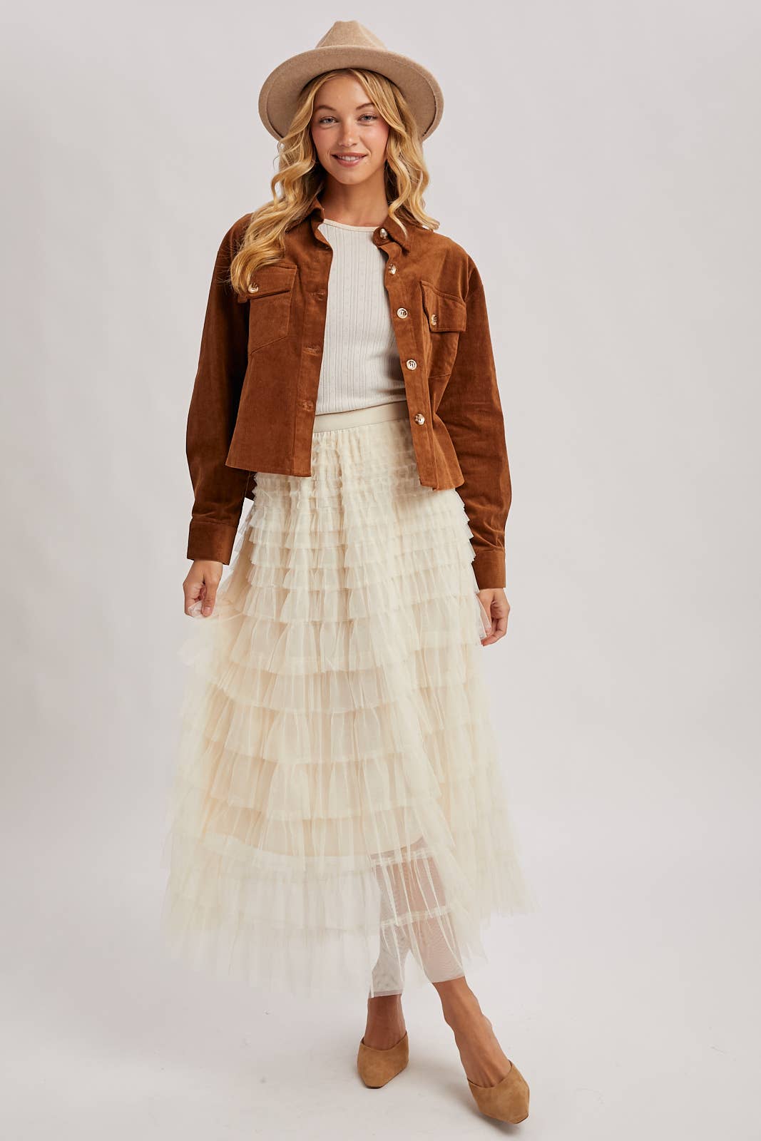 RUFFLED TULLE MIDI SKIRT