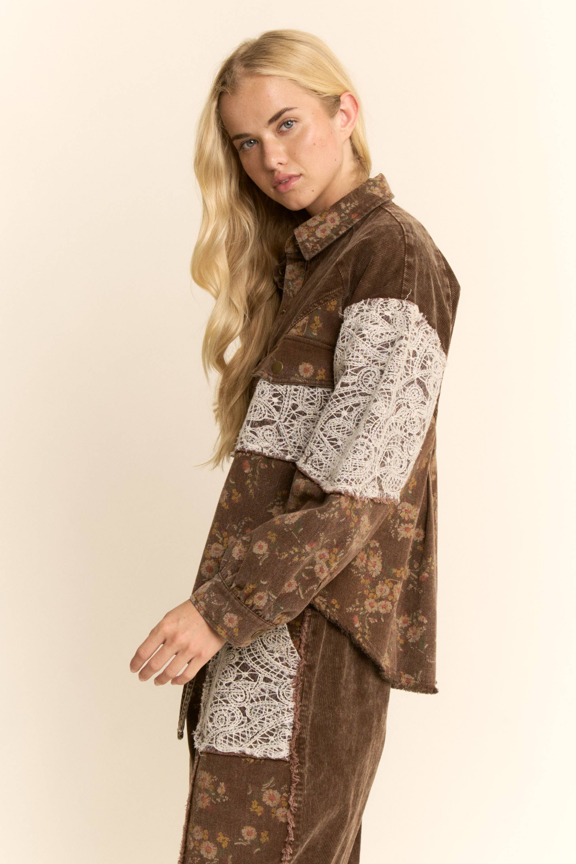 WASHED CORDUROY AND FLOWER DENIM PANTS