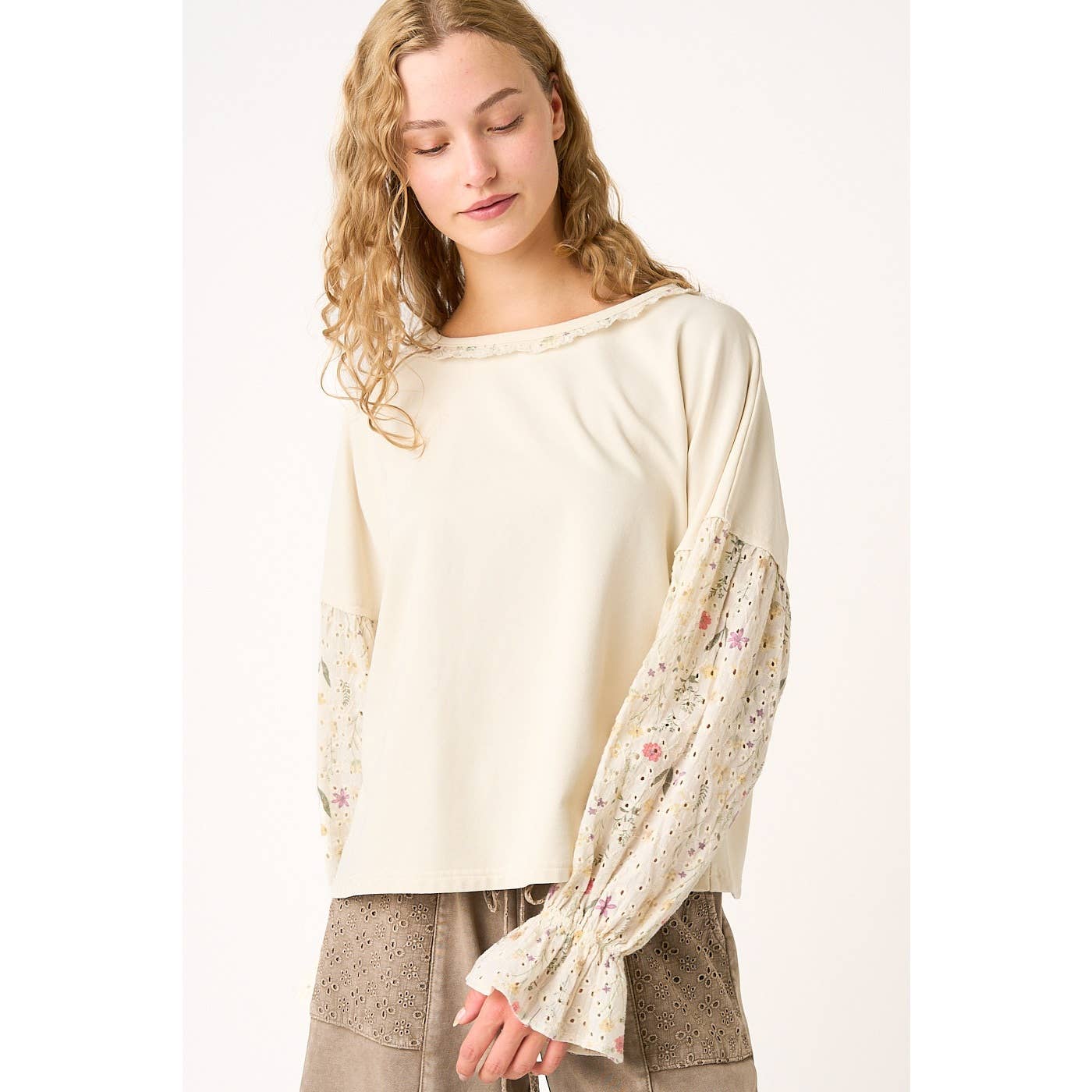 FLORAL EYELET MIXED MEDIA RELAXED LONG SLEEVE TOP