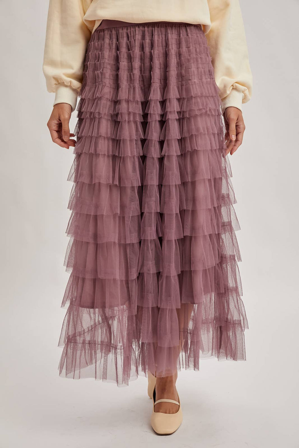RUFFLED TULLE MIDI SKIRT