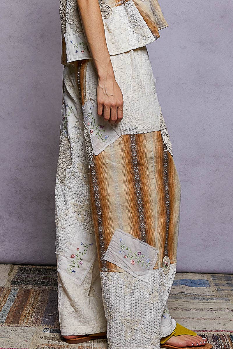 Solid Lace Patch Detail Woven Pants