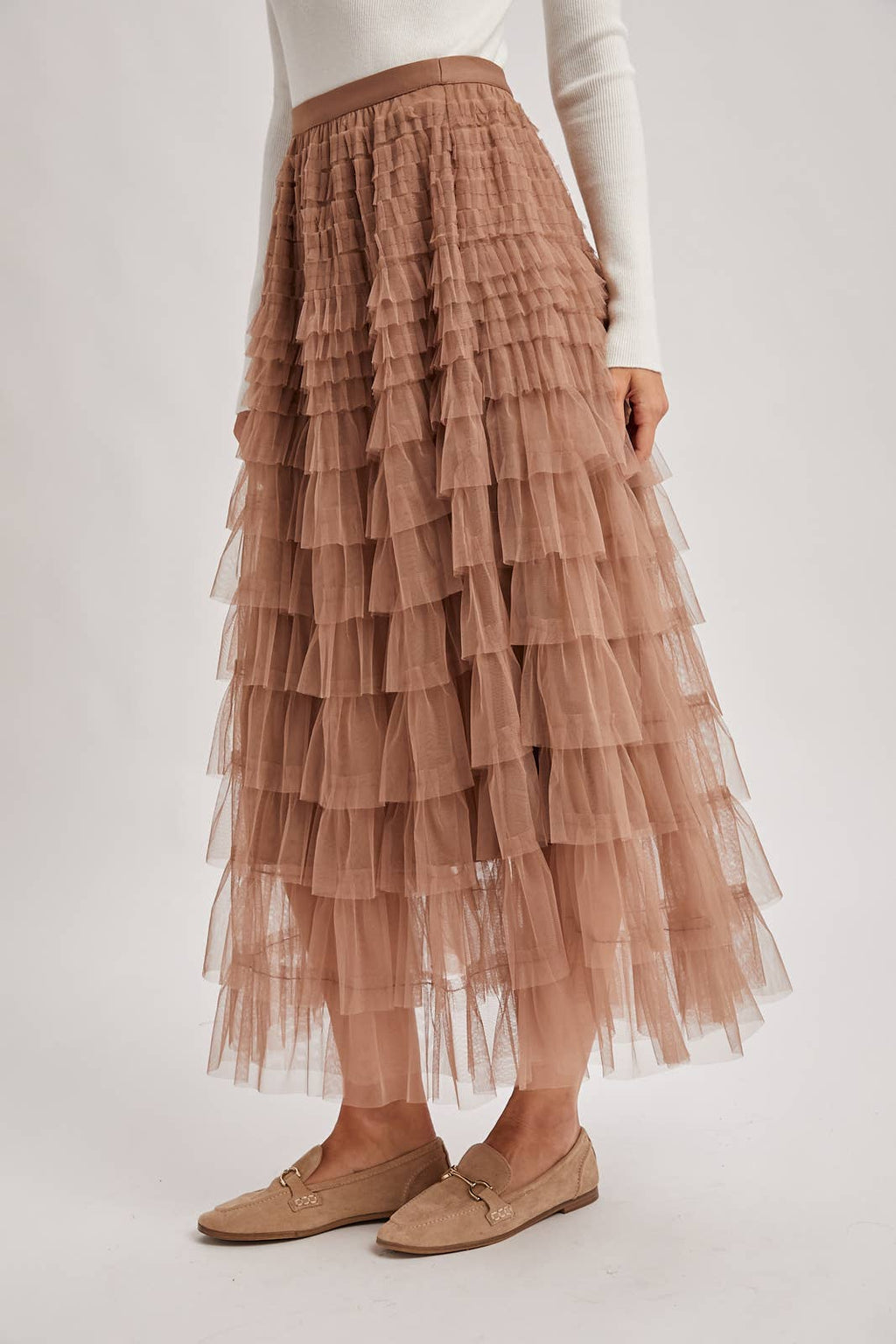 RUFFLED TULLE MIDI SKIRT