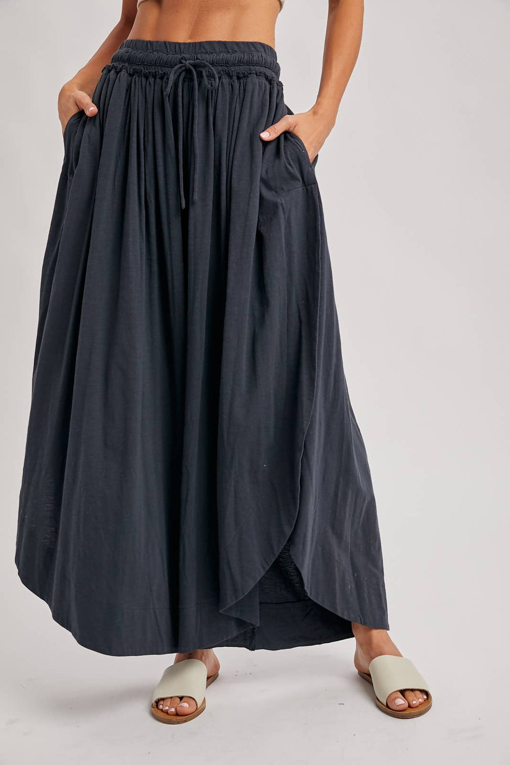 BOHEMIAN SIDE SLIT ROUNDED HEM WIDE LEG PANTS