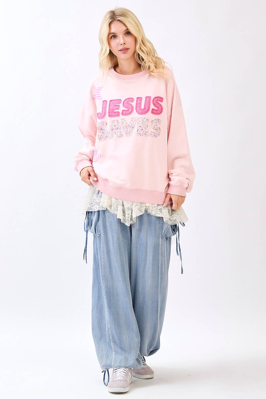 JESUS SAVES PATCHWORK CREW NECK SWEATSHIRT