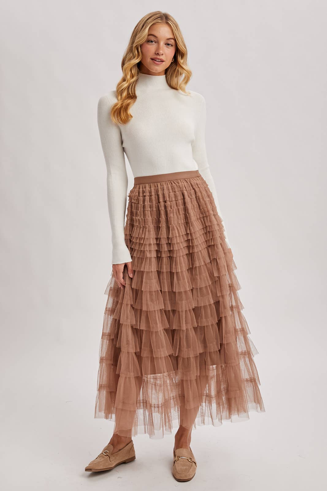 RUFFLED TULLE MIDI SKIRT