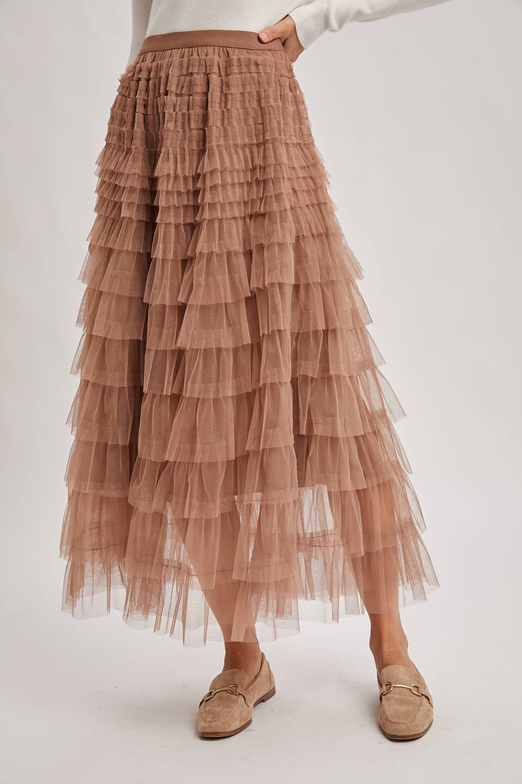 RUFFLED TULLE MIDI SKIRT